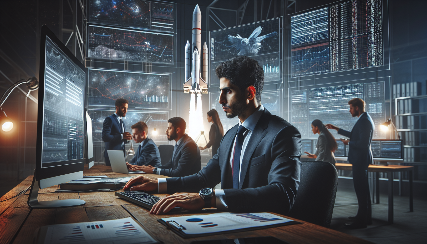 Businessman checking numbers before launching a space ship