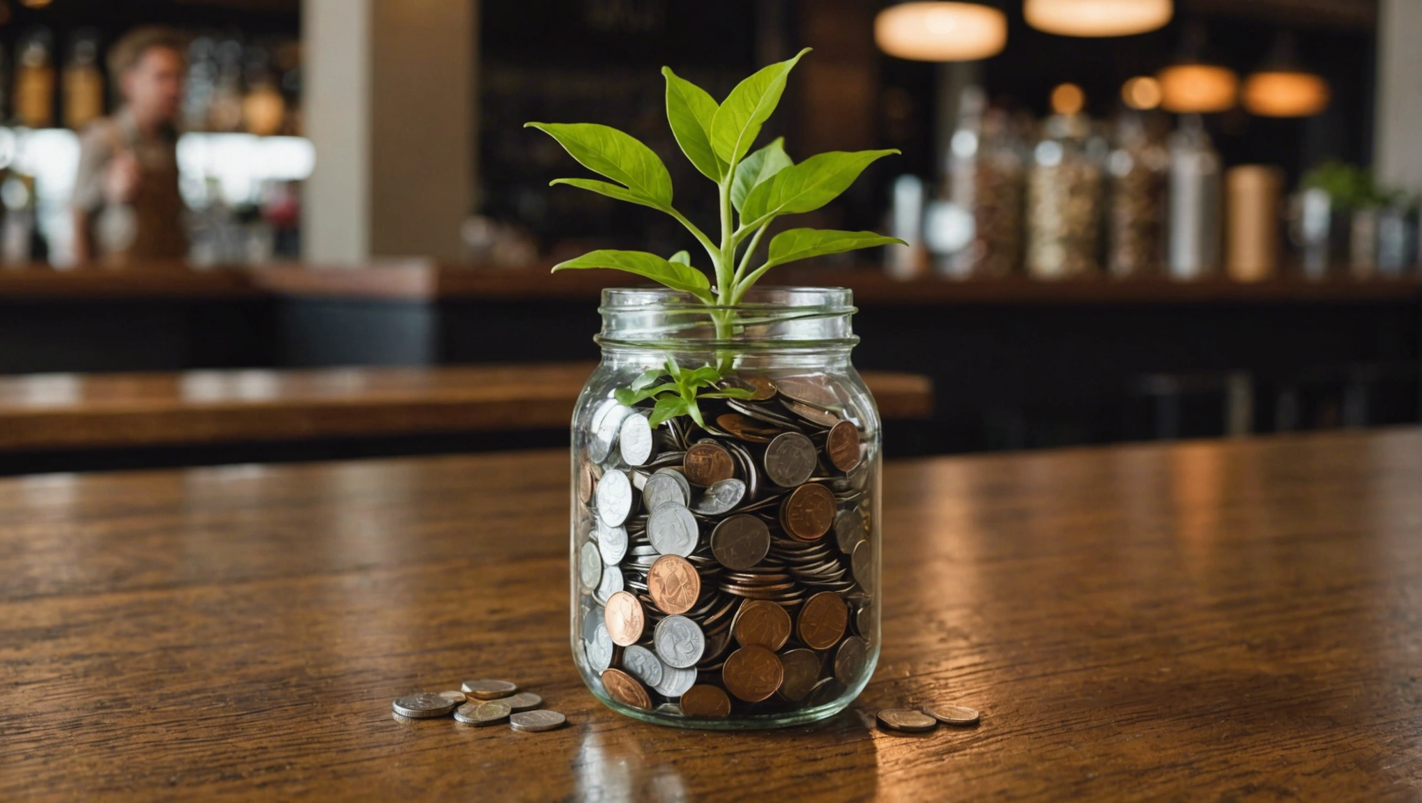a jar filled with coins with a plant growing out of it on the bar at a restaurant