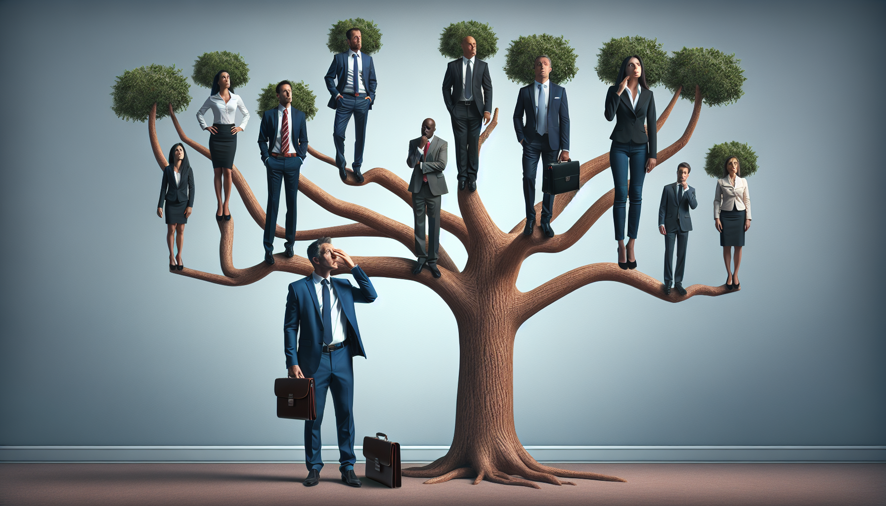 concerned businessman choosing the right consultant growing from a tree