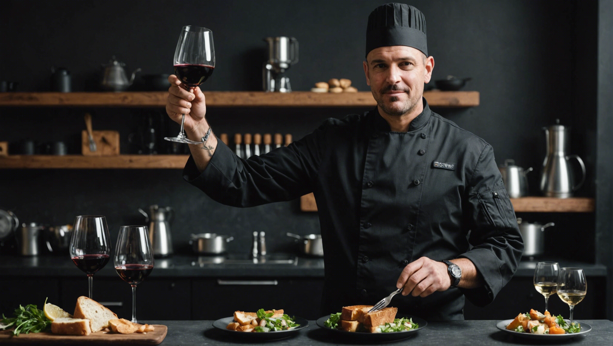a chef in all black making a toast