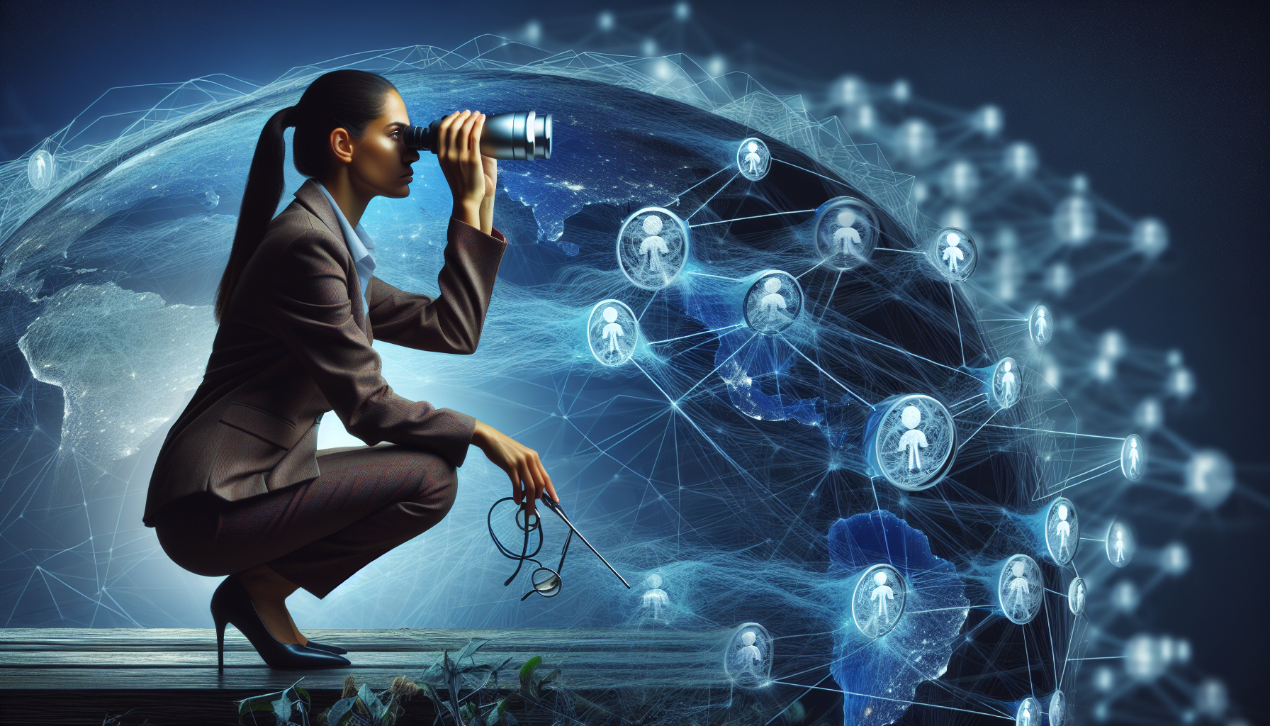 affiliate manager searching for partners in a virtual search engine field with pair of binoculars 
