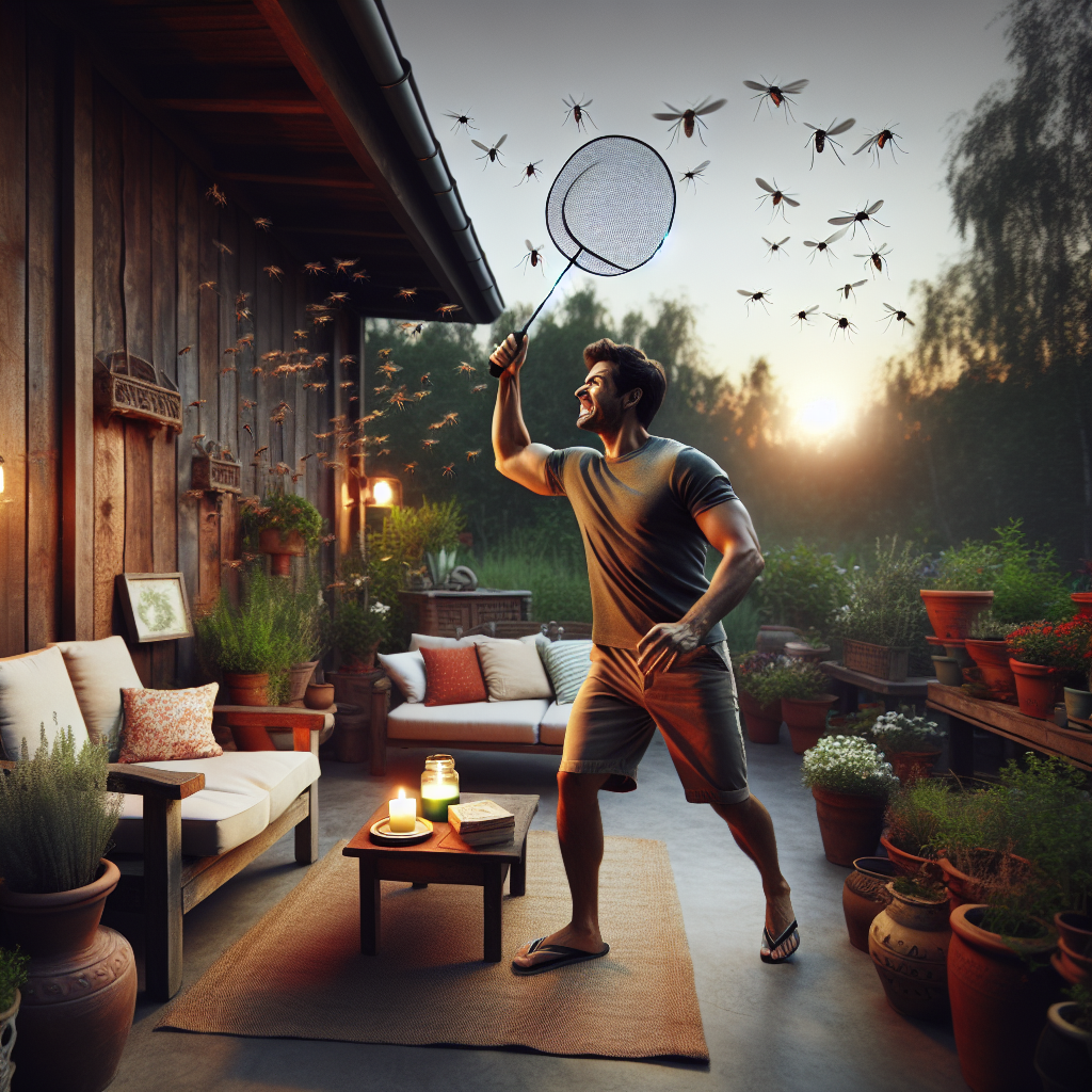 person swatting at mosquitos on their outdoor patio