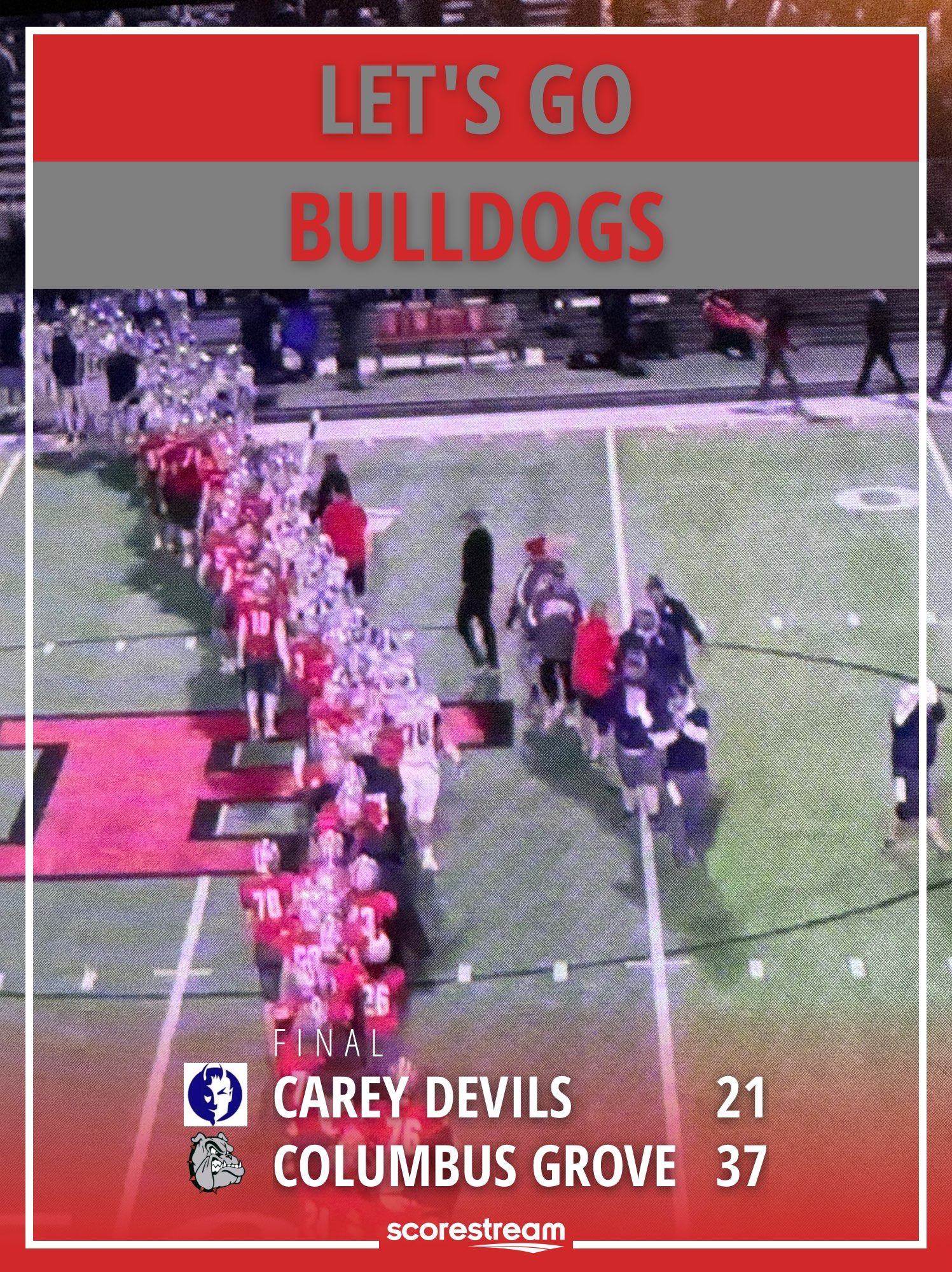 The Columbus Grove Bulldogs defeat the Carey Blue Devils 37 to 21