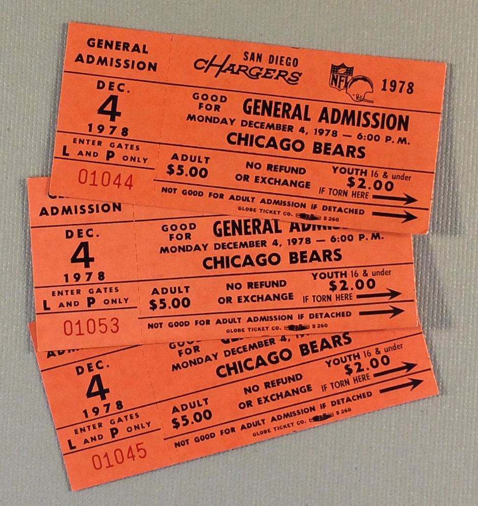 1978 San Diego Chargers Monday Night Football Ticket Stubs
