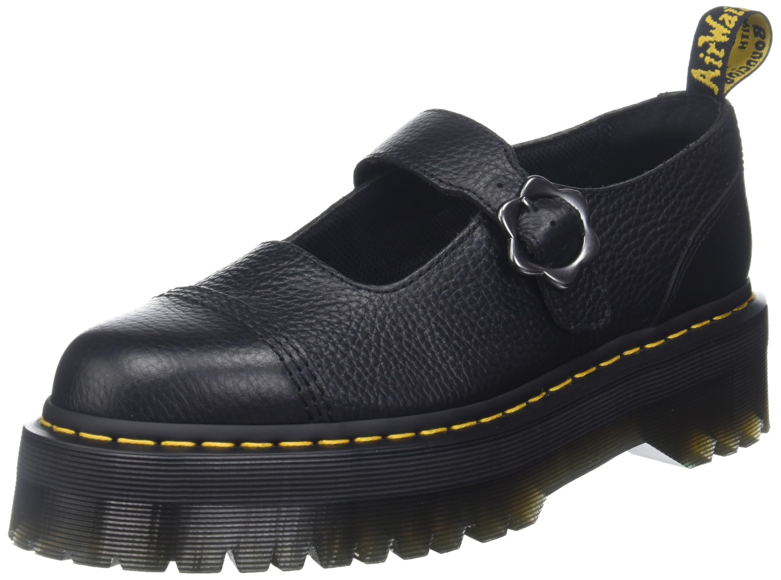 最終値下げ Dr. Martens Addina UK3 ブラック シューズ Addina Flower Buckle Leather Platform Shoes in Black Milled Nappa