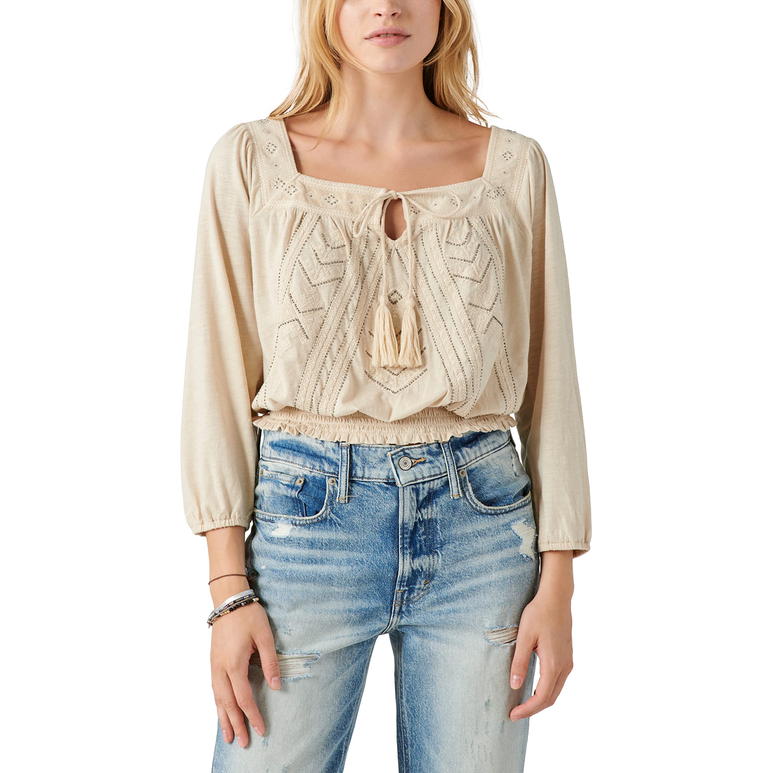 ラッキーブランド Lucky Brand Geo Embroidered Blouse レディース シャツ トップス Whitecap Gray Lucky Brand - Brandclub - Lucky Brand Geo Embroidered Blouse