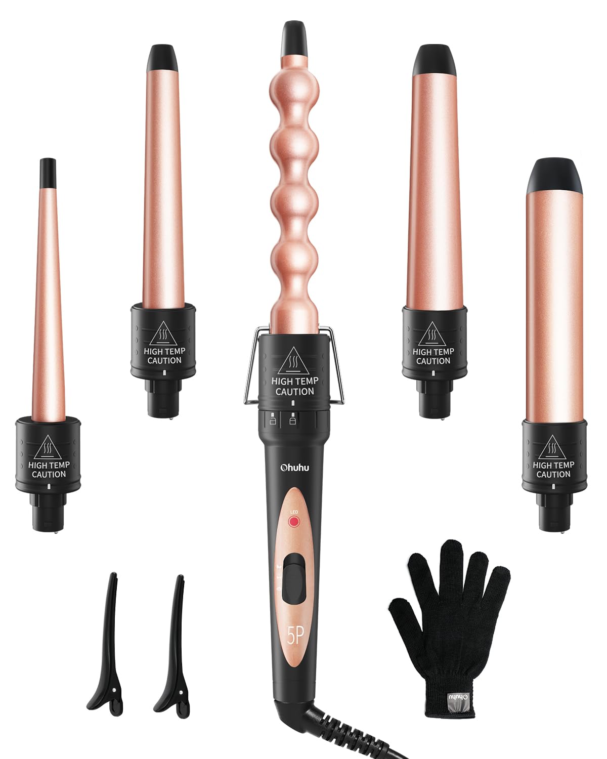 5 In 1 Curling Iron Set, 3 Interchangeable Ceramic Hair-1149859