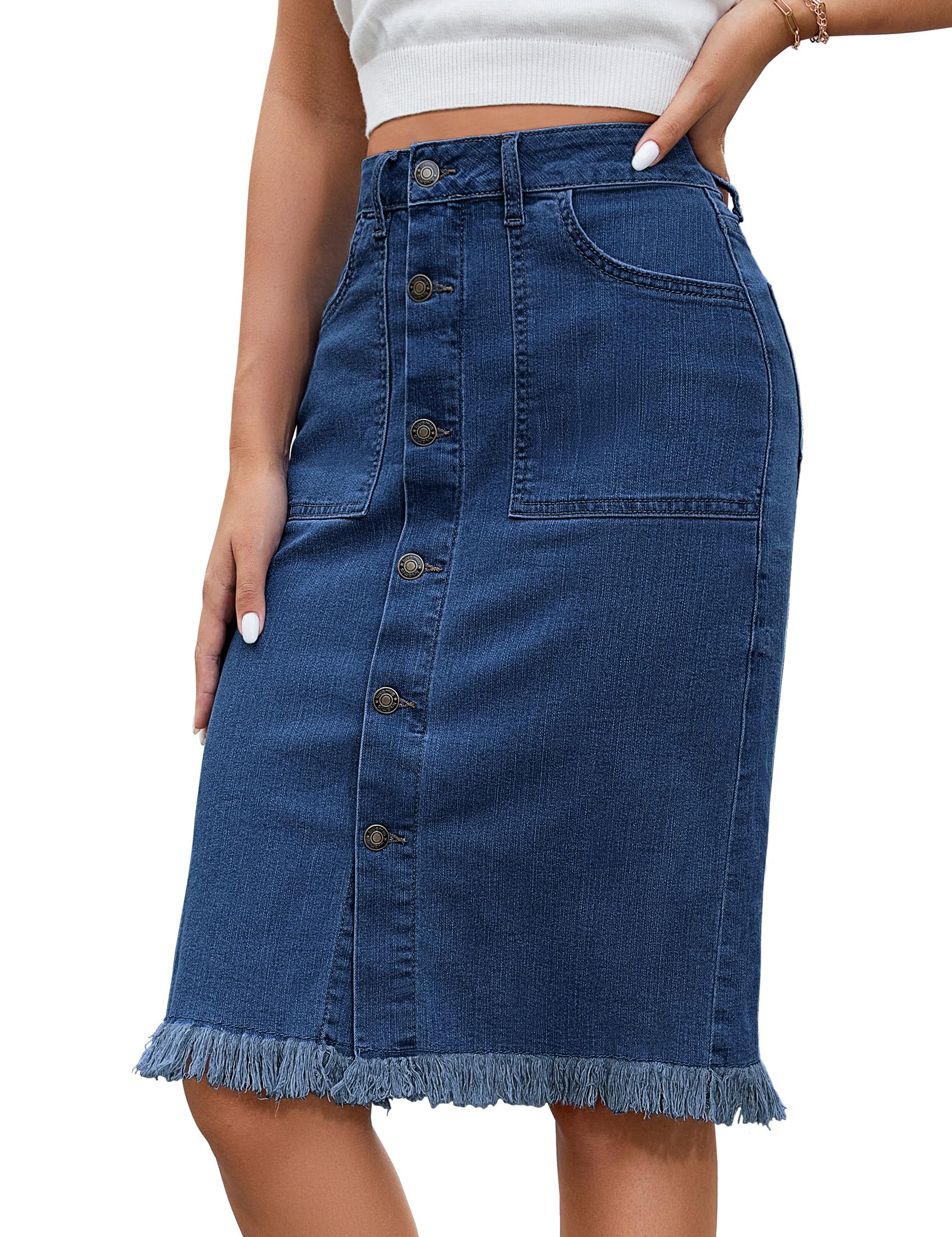 VAYEAH Women's Denim Skirt - Trendy High Waisted A-Line Summer Jean Skirt With Raw Hem - View #5