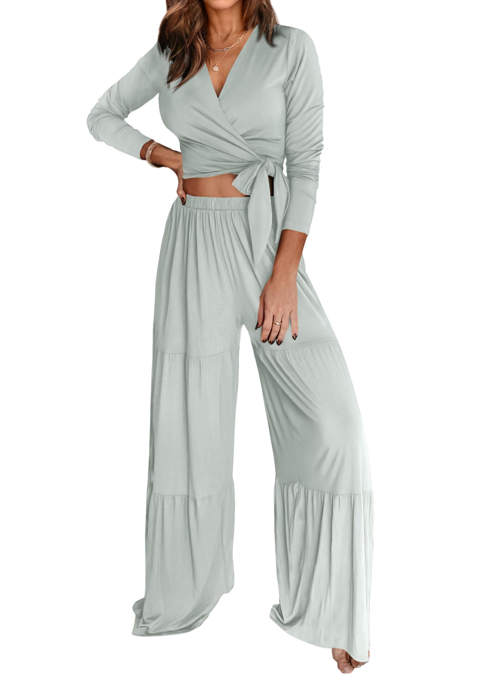 KIRUNDO Women's Fall Long Sleeve Wide Leg Jumpsuit - Square Neck, Elastic Waist, With Pockets