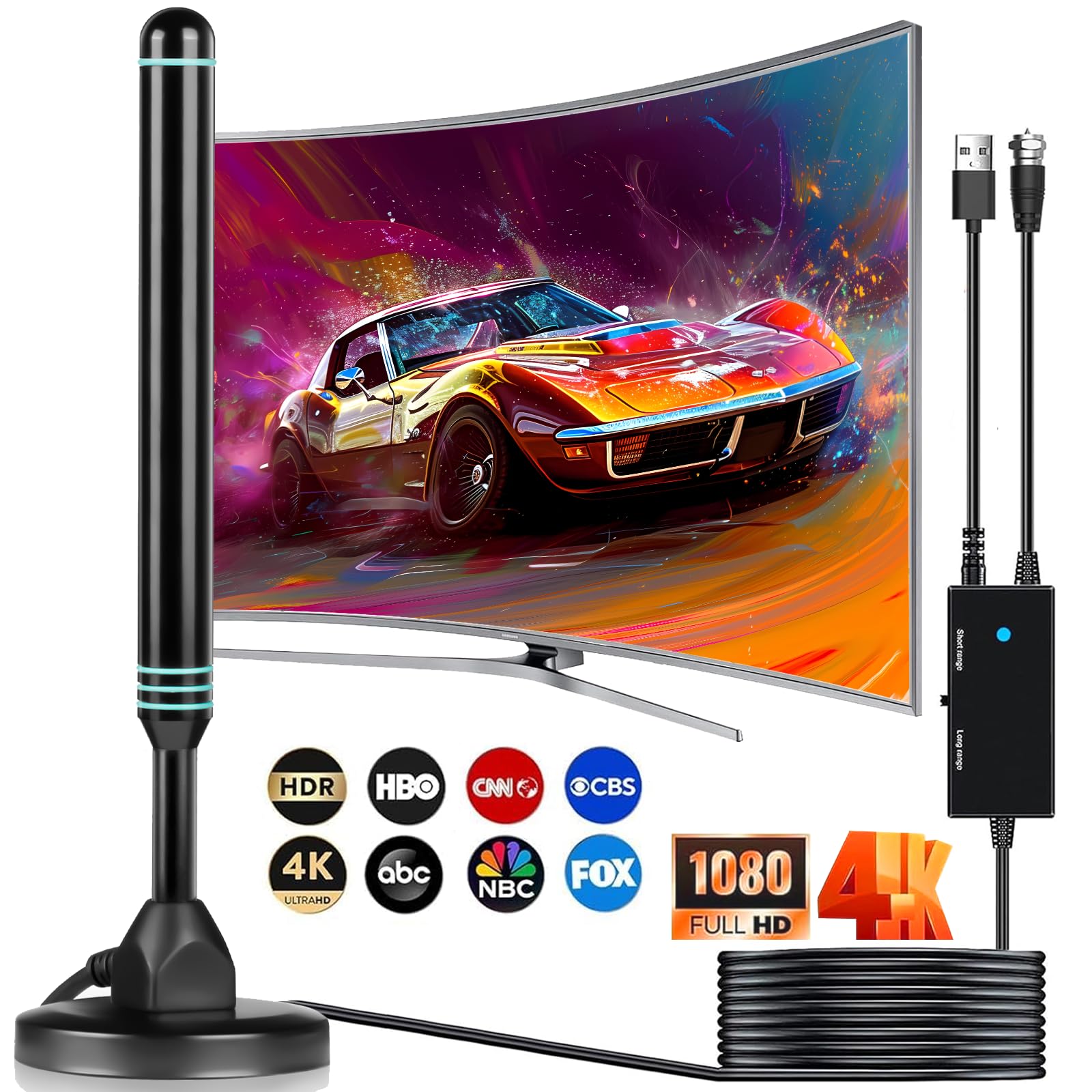 650+ Mile TV Antenna - 4K/HD Indoor Antenna With Amplifier & 18ft Cable