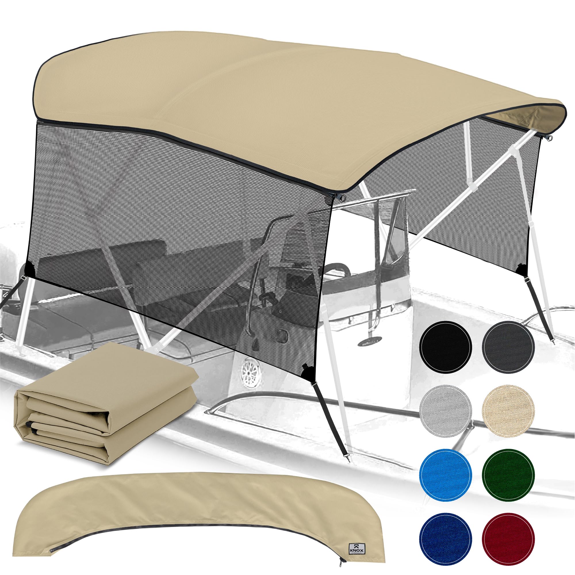 KNOX 3-Bow Bimini Top For Boats - Fadeproof 900D Marine Canvas With Storage Boot, Pacific Blue