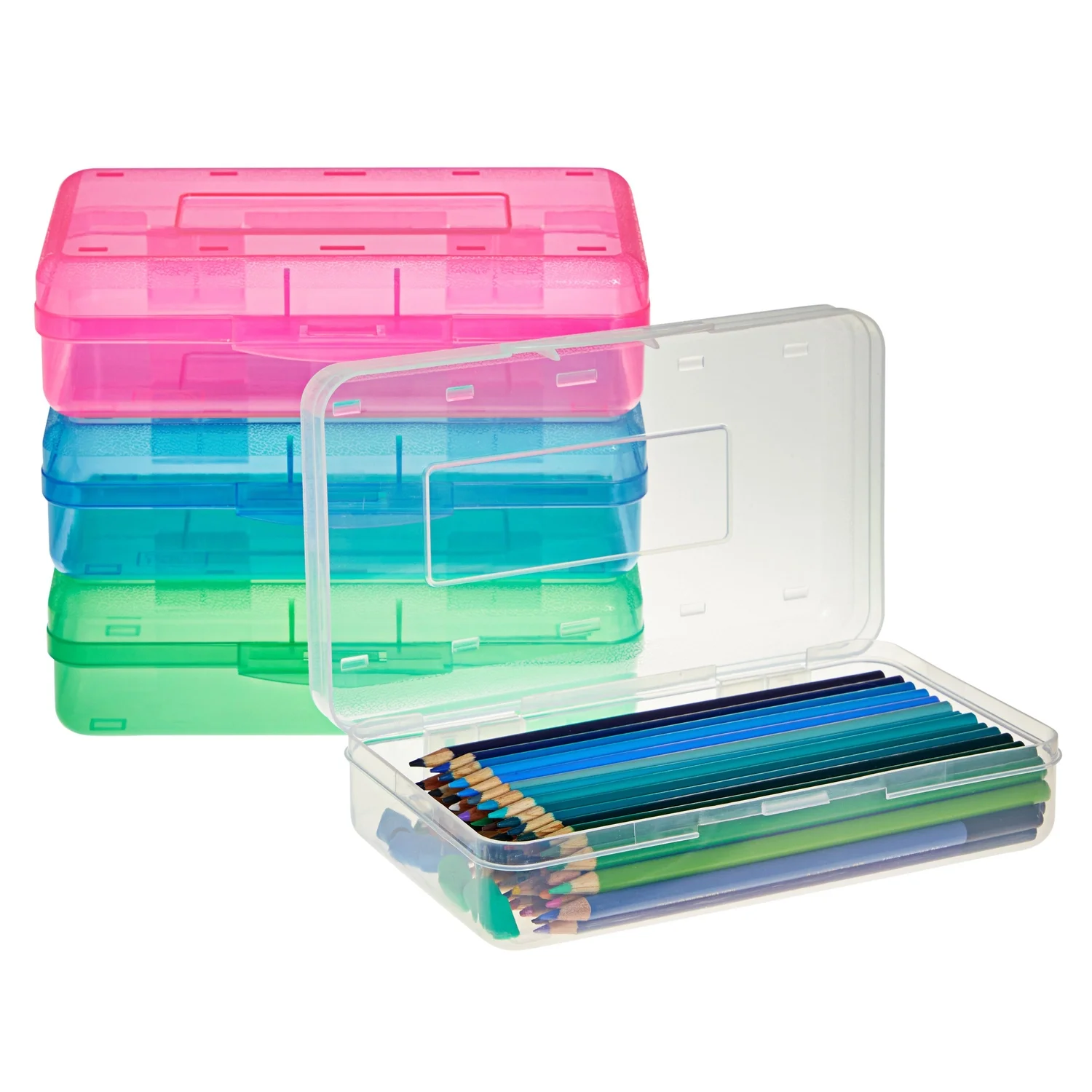 Large Clear Plastic Pencil Case With Snap Lid - Stackable School Supply Box In Pink