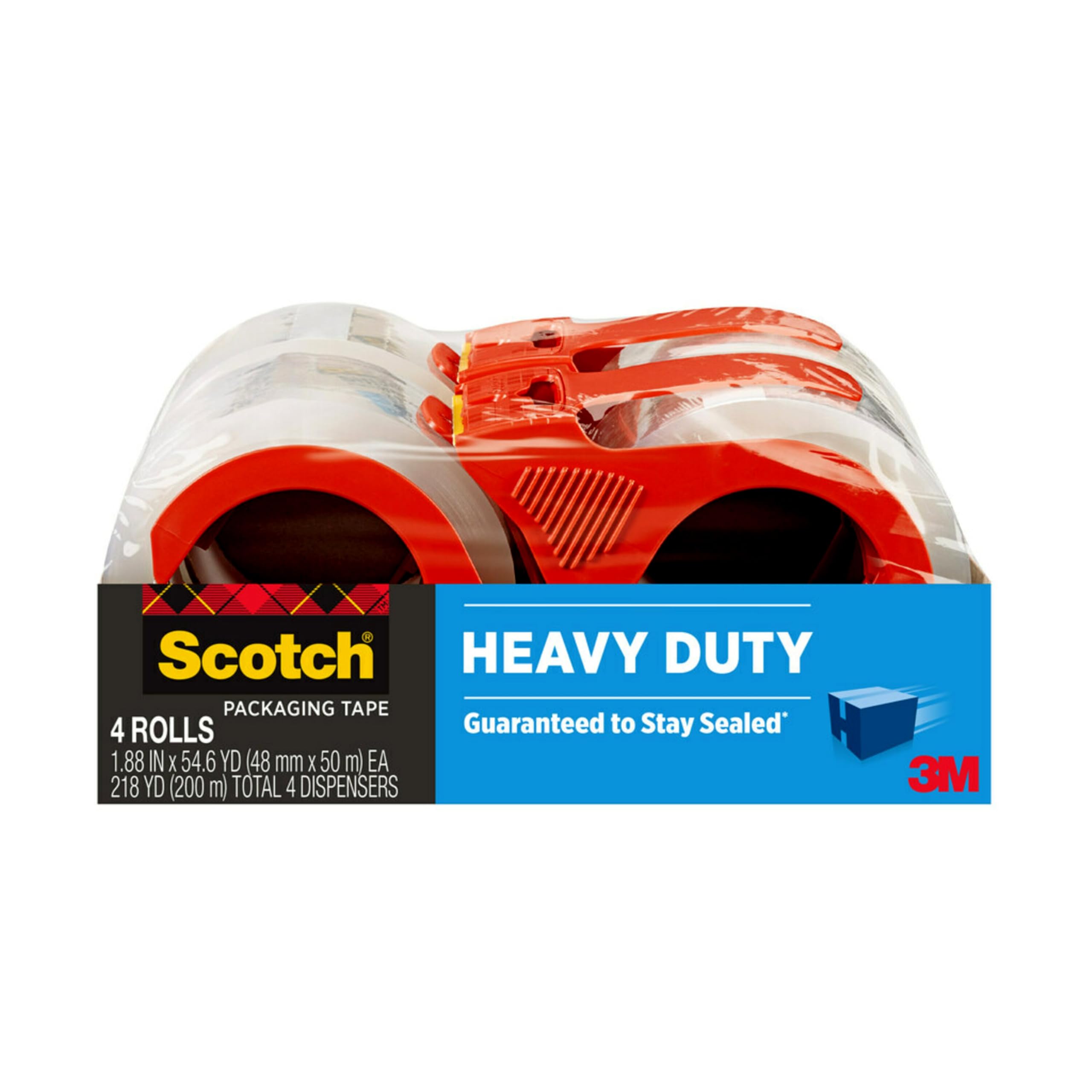 Scotch Heavy Duty Shipping Tape, 1.88 X 22.2 Yards, Clear Packing Tape With Red Dispenser (3-Pack)