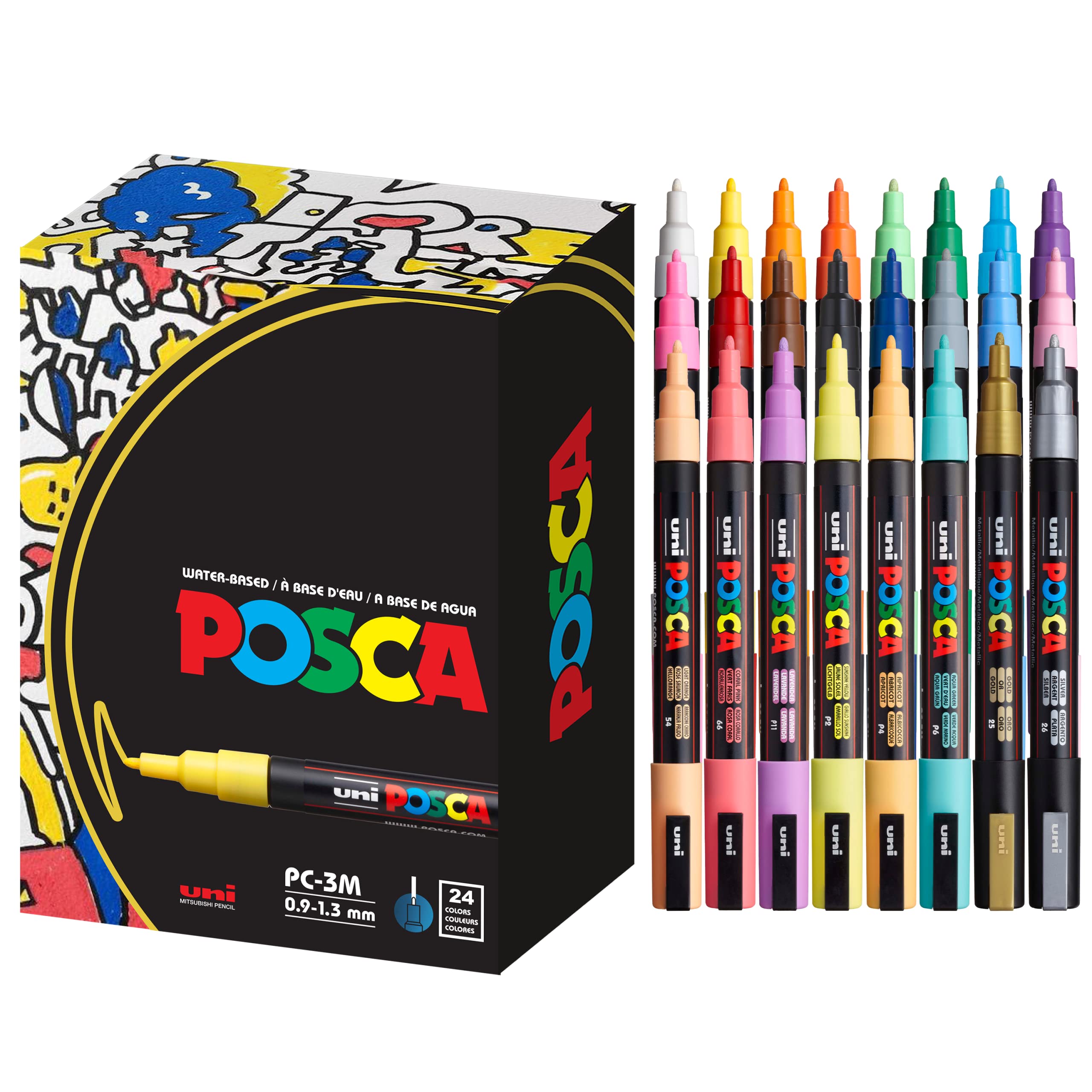 Uni Posca PC-3M Paint Marker Pens - Set Of 4 Fine Tip (Black, White, Silver, Gold)