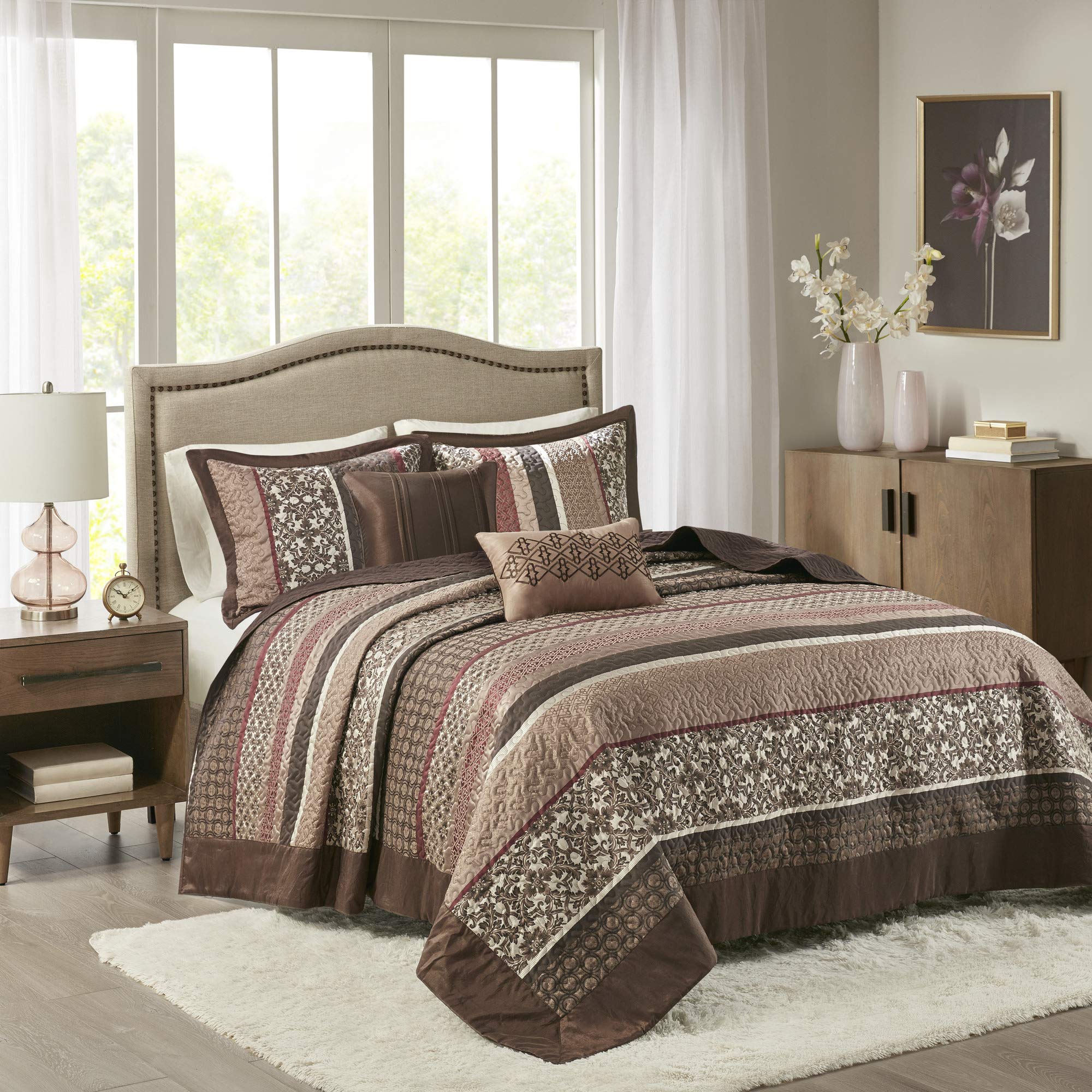 Madison Park Quilt Set Luxurious Jacquard Stripes Design - All Season, Coverlet Bedspread Lightweight Bedding Layer, Shams, Decorative Pillow,並行輸入 Madison Park Signature Velvet Touch Luxurious Oversized Quilted