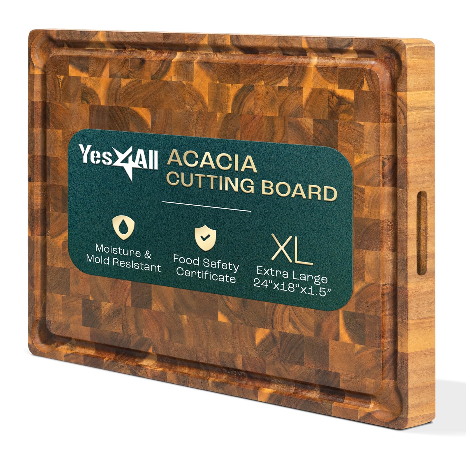 Yes4All End Grain Teak Cutting Board - 17"x13"x1.5" Thick Chopping Board With Juice Groove & Handles
