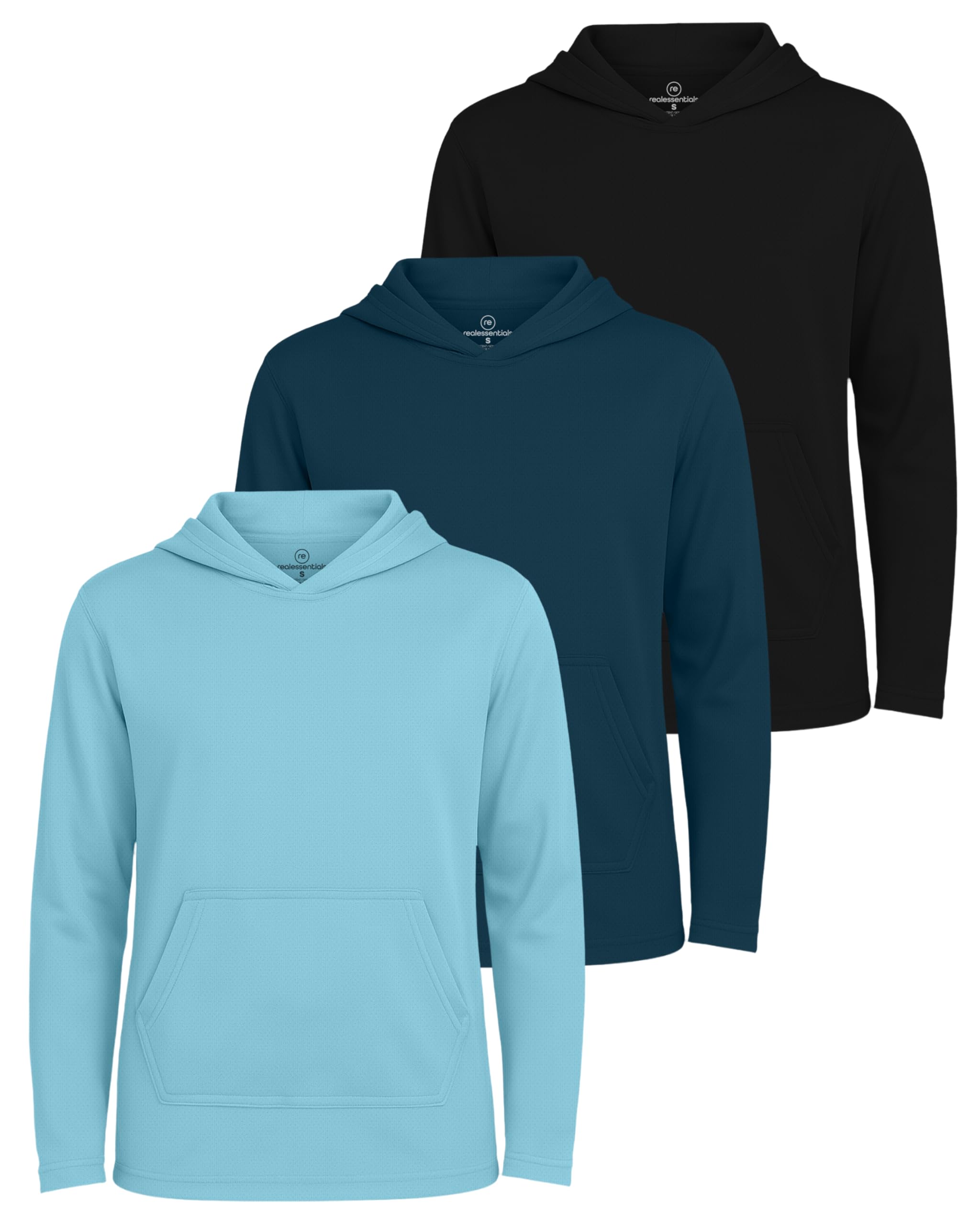 Real Essentials 3-Pack Men's Dry Fit Long Sleeve Hoodie - Moisture Wicking Active Pullover (Big & Tall)