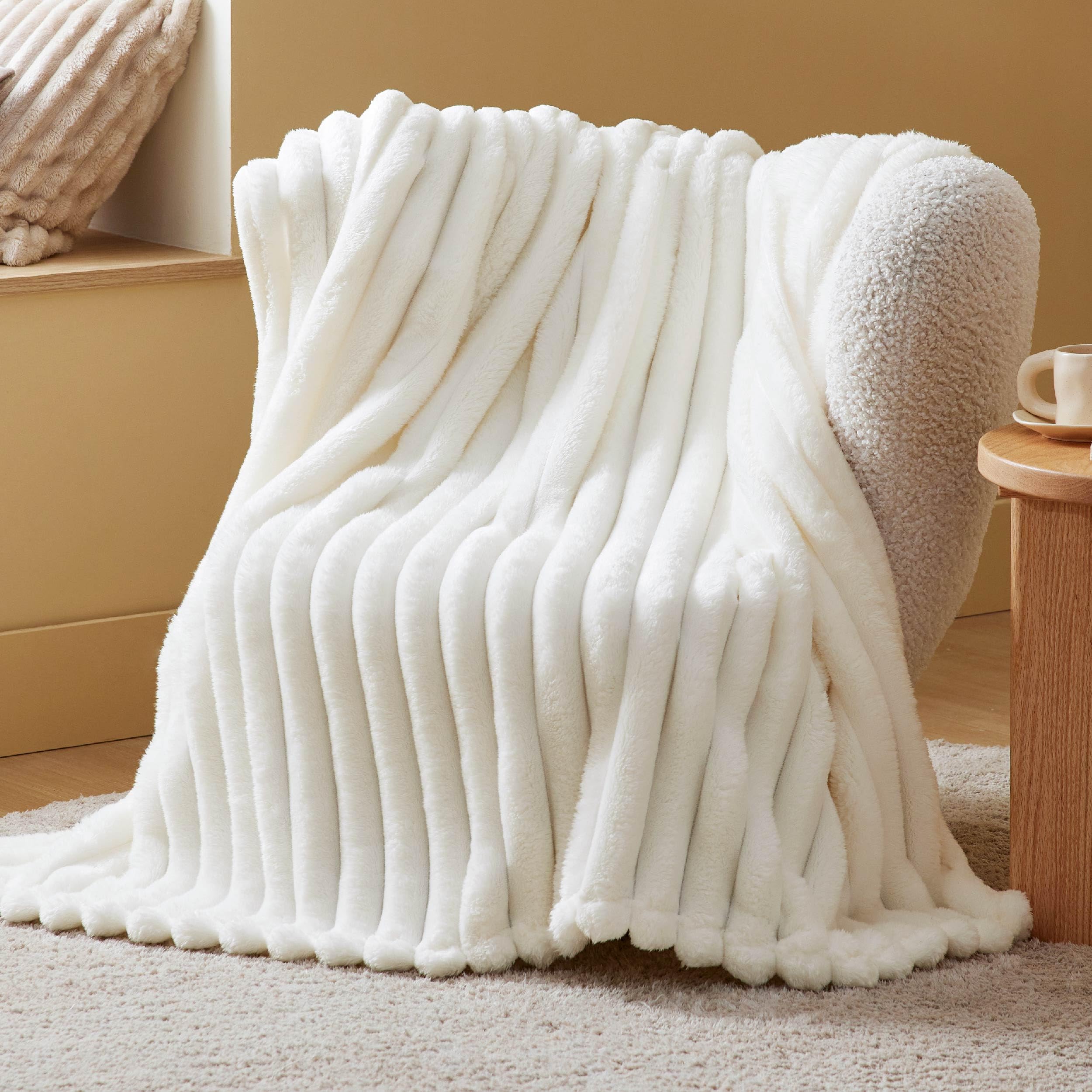 Plush Fleece Throw Blanket - Fluffy Queen Size 60x80 Inches - All Season Cozy Blanket White