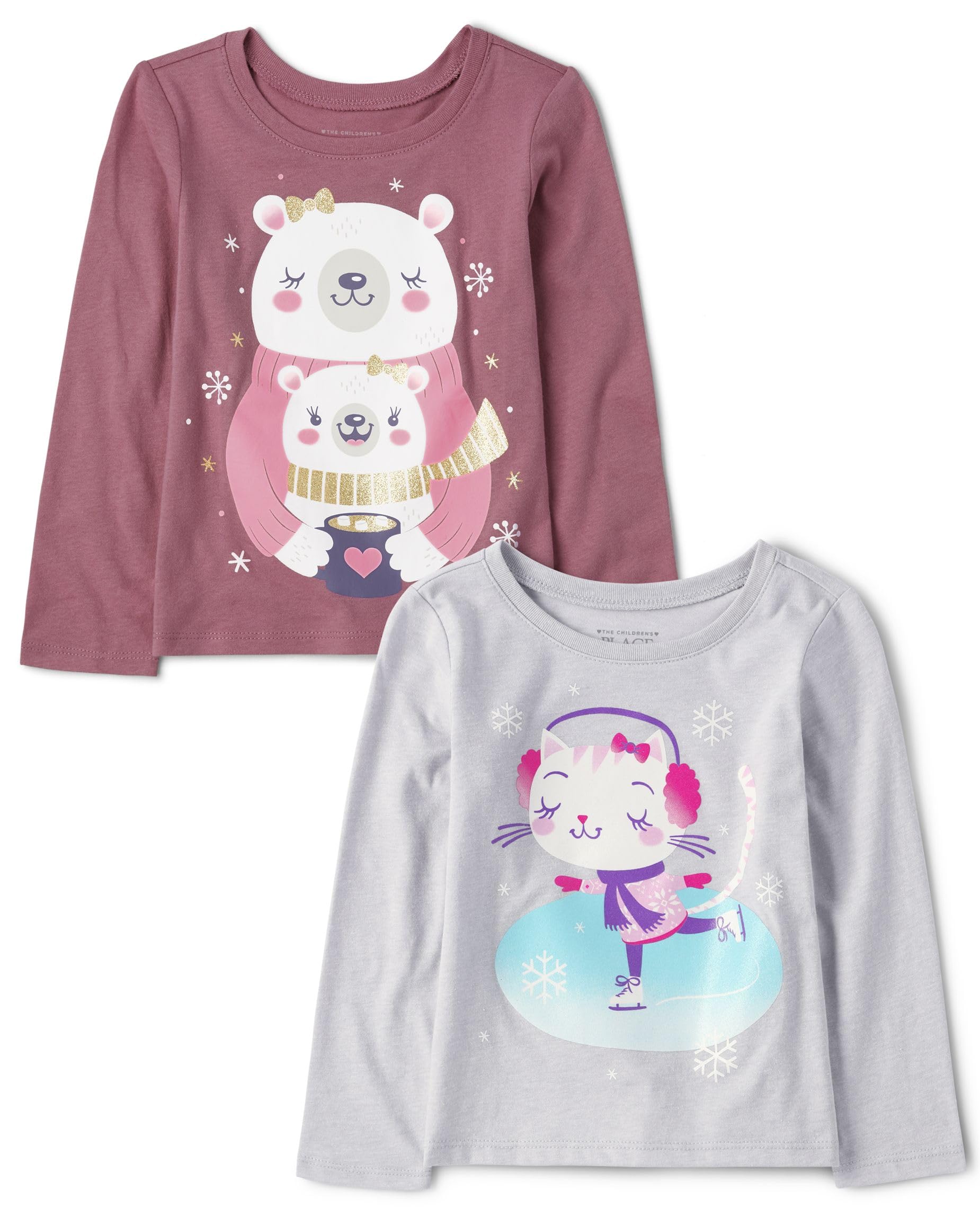 Girls' Long Sleeve Graphic Tee - Cute Sleigh & Snowflake Print Top From The Children's Place
