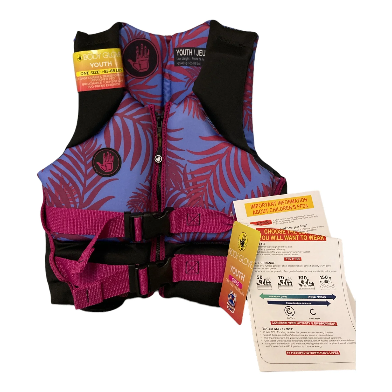 Body Glove Girls USCG Approved Life Jacket Vest, Palm Green 55-88LBS