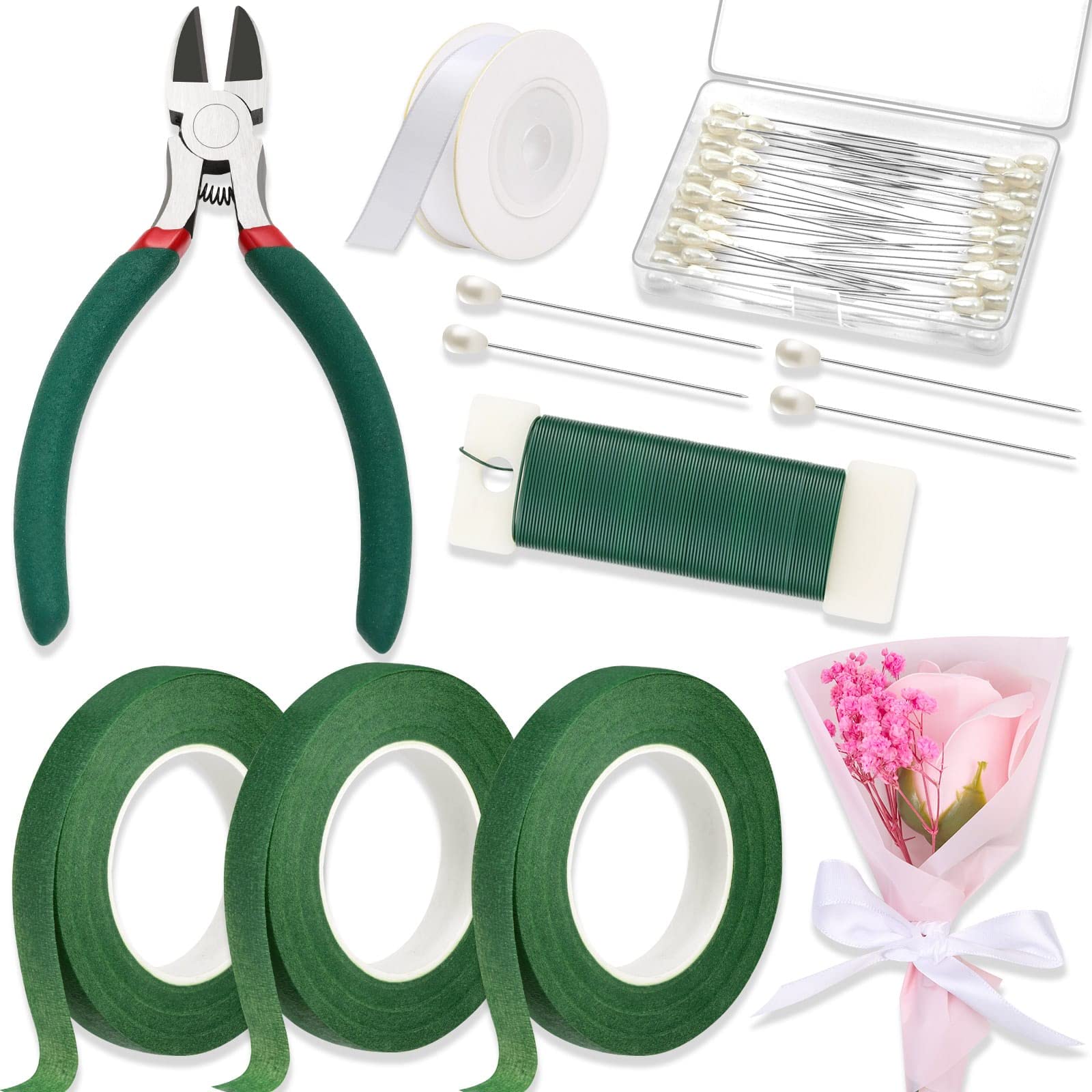 Woohome Kit D'outils Pour Arrangement Floral Avec 2 Styles De Rubans Floraux, Fil De Tige De Calibre 26, Serre-câble Marron Et Bâton En Bambou Pour Les Amateurs De Design Floral
