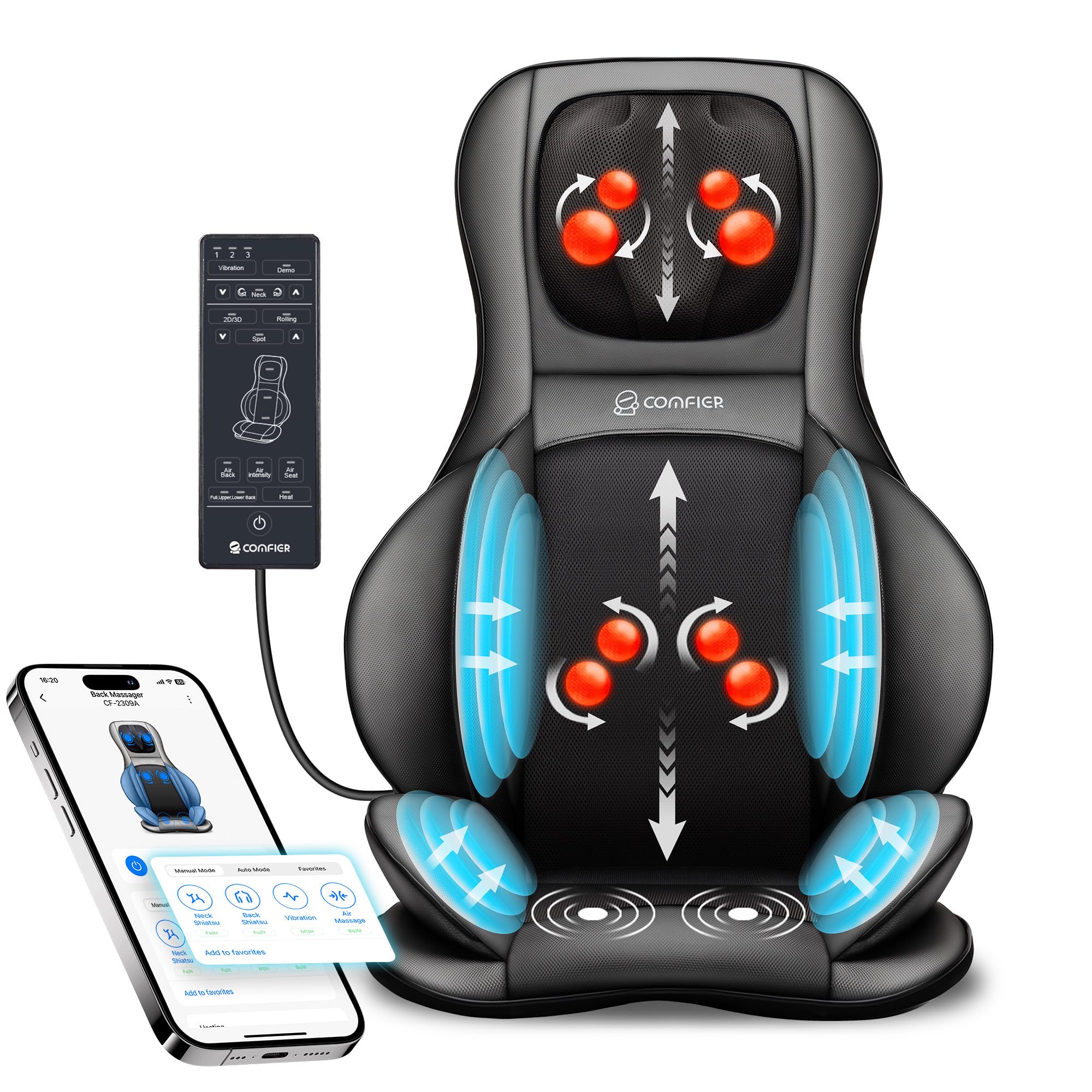 Snailax Massage Seat Cushion, Heated Back Massager With 6 Vibration Motors, Pain Relief