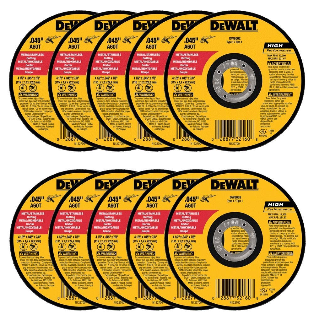 thumbnail image 2 of DeWalt DW8005 10-Inch Metal Cutting Wheels (10-Pack) – A24R Type 1, 7/64-Inch Thickness, 5/8-Inch Arbor 2 of 14