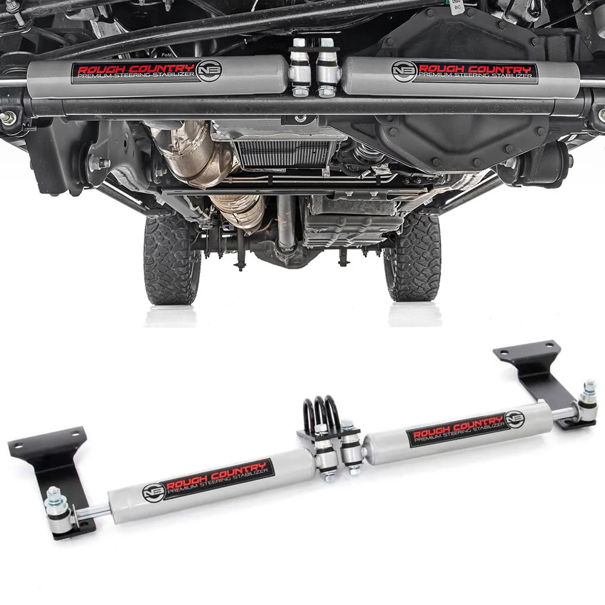 Rough Country N3 Single To Dual Steering Stabilizer Kit For Jeep JK - Silver, Part #8731830