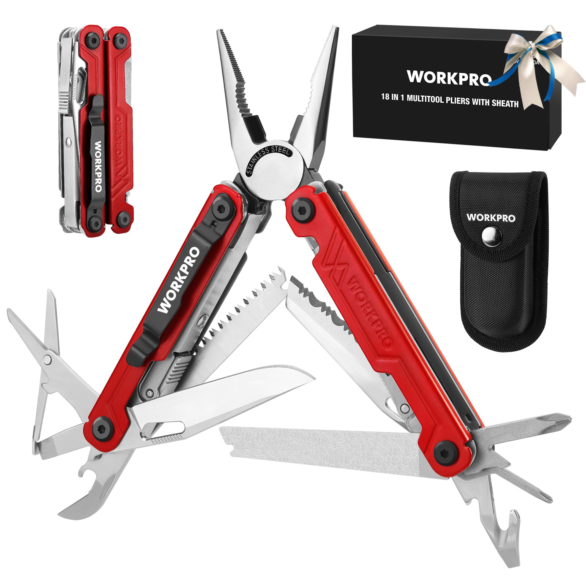 WORKPRO 12-in-1 Multitool With Mini Hammer – EDC Camping Tool, Safety Lock, Includes Pouch, Gift For Men & Women