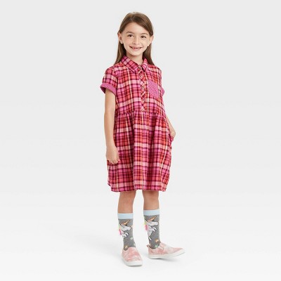 Cat & Jack - Brandclub - Girls' Plaid Short Sleeve Woven Dress - Cat  & Jack™ Burgundy/Pink L