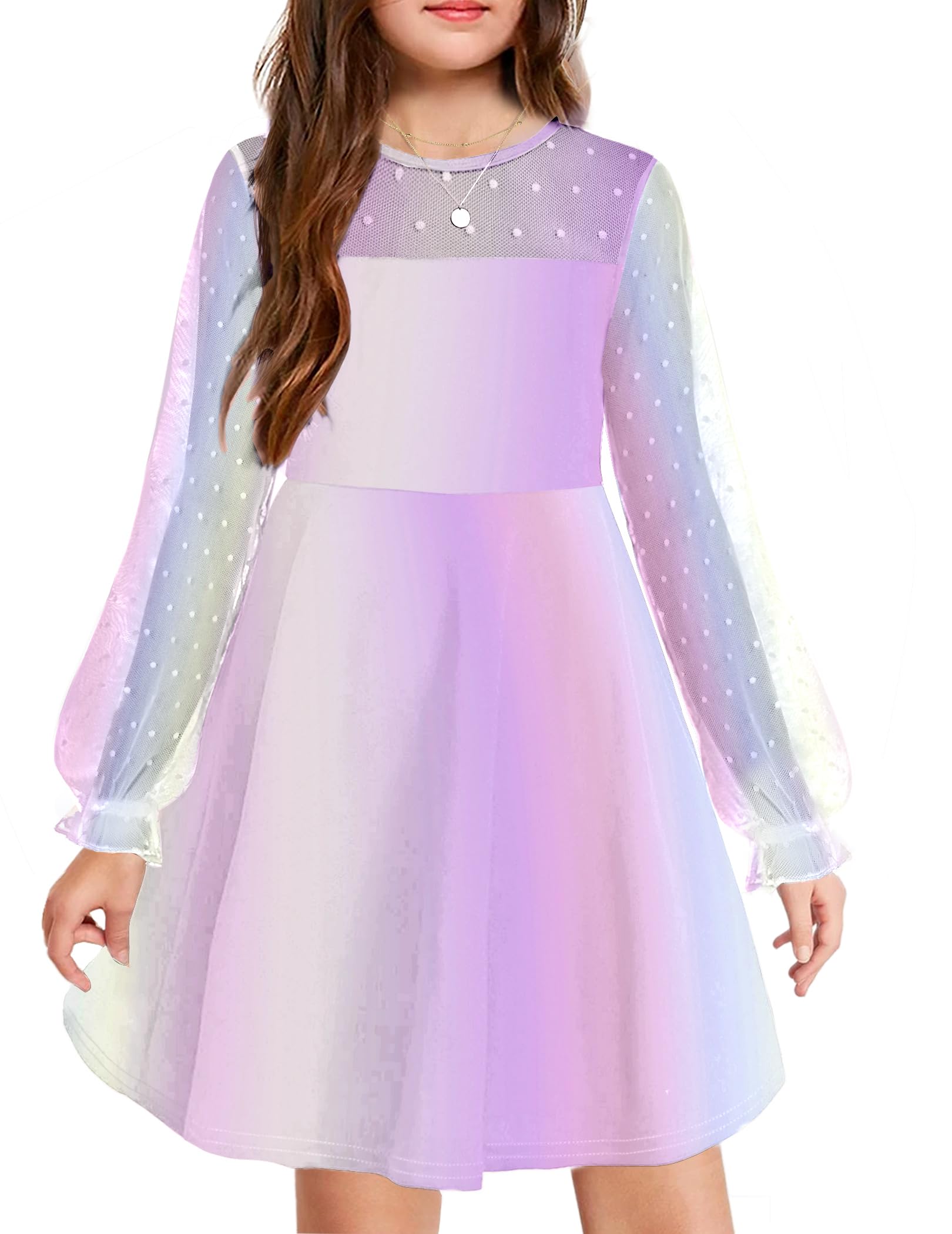 Girl's Contrast Mesh Puff Sleeve Dress – High Waist A-Line Party Dress - View #3