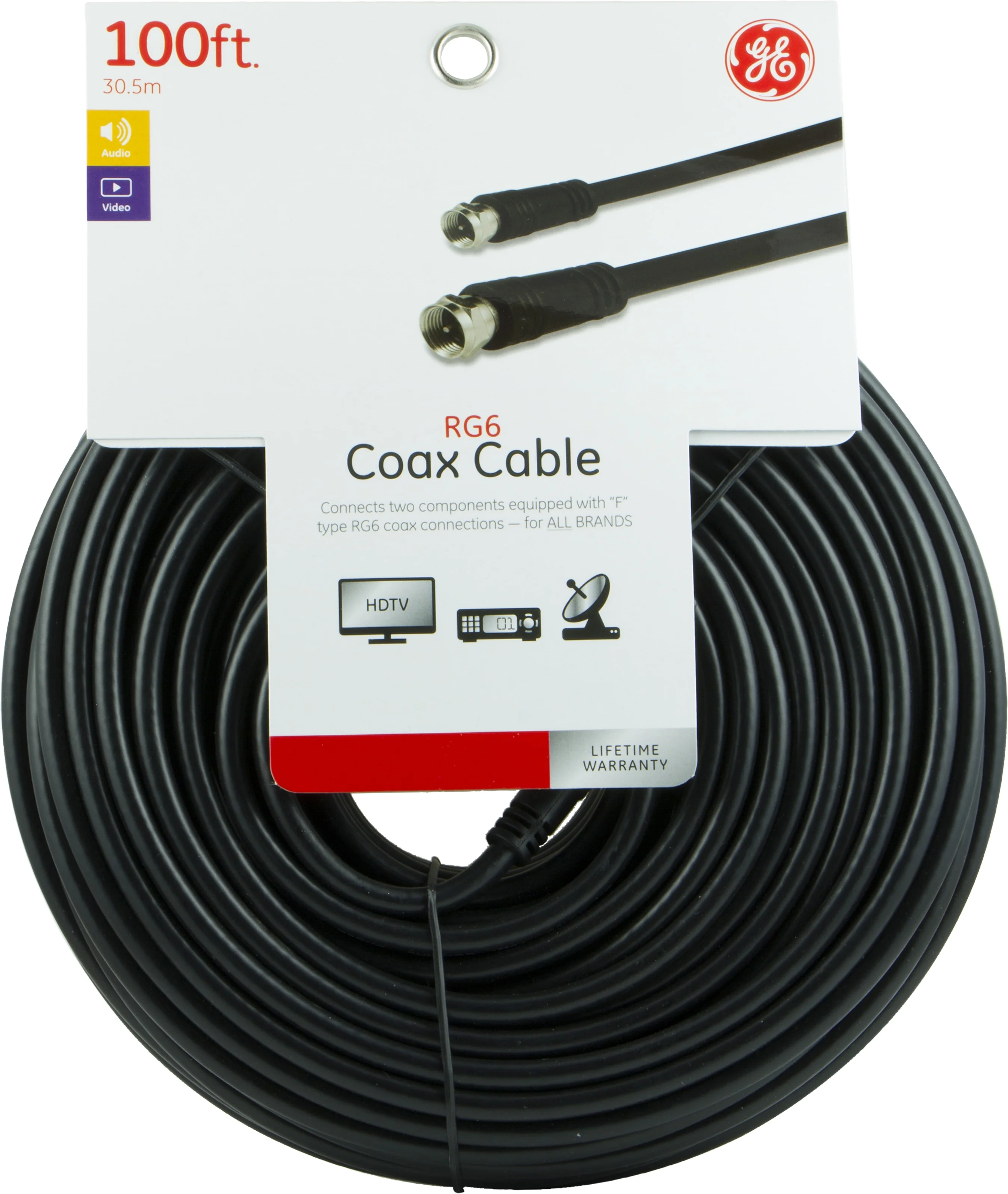 GE RG6 Coaxial Cable 6ft With Extension Adapters - Double Shielded Coax For TV & Internet