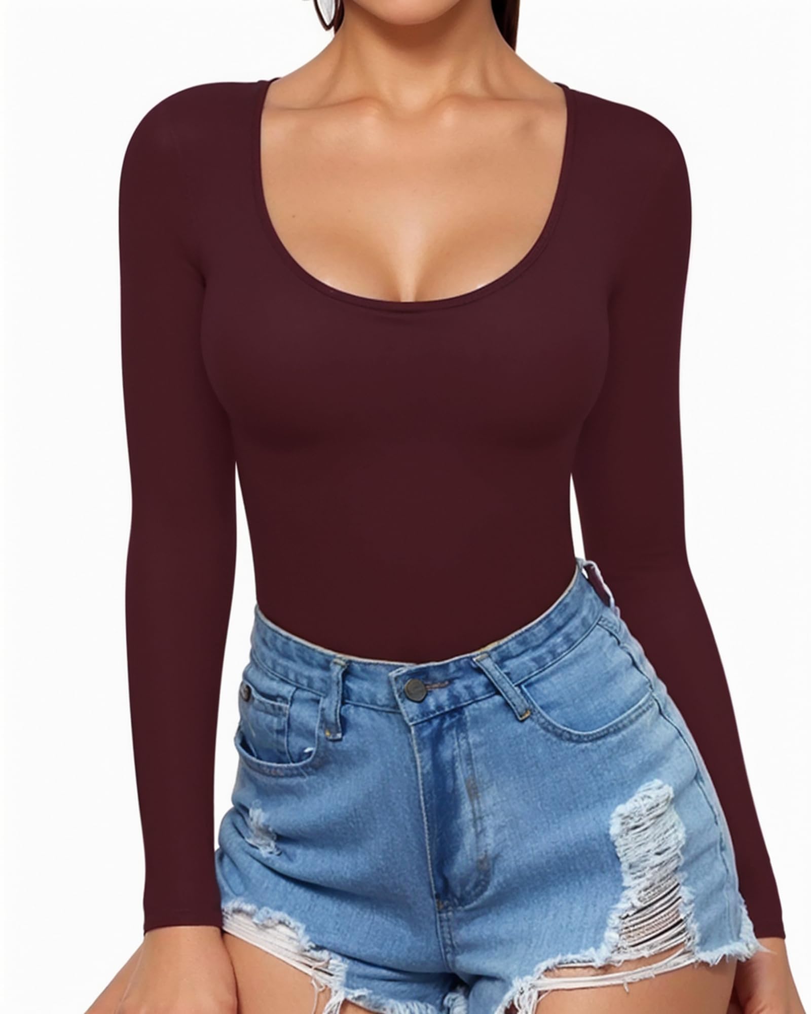 MANGOPOP Women's Basic Crew Neck Bodysuit - Short Or Long Sleeve, Rayon/Spandex Stretch Fit
