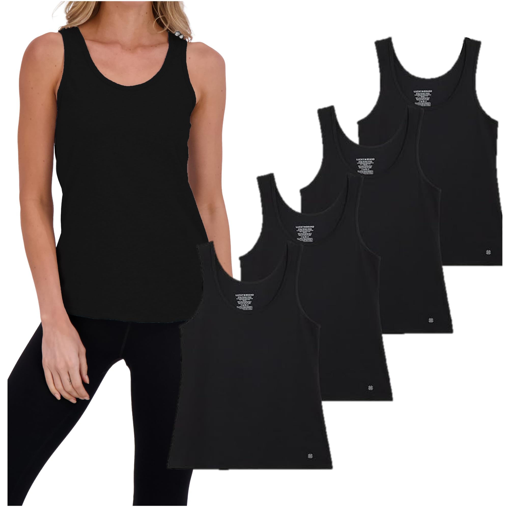 ラッキーブランド Lucky Brand Textured Lace Tank Top レディース シャツ トップス Jet Black Lucky Brand Women's Tank Top - 4 Pack Stretch Cotton Scoop