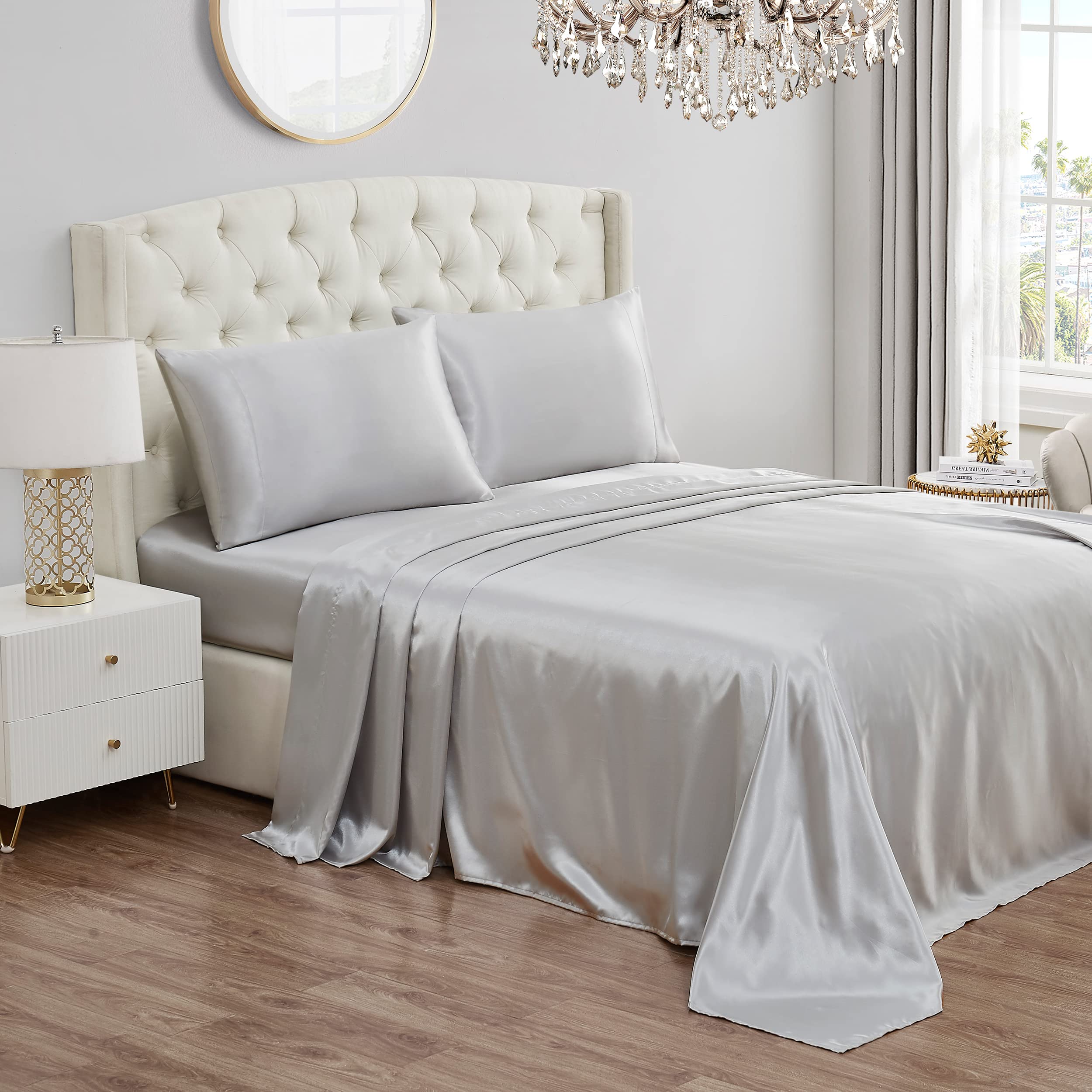 Juicy Couture - Brandclub - Juicy Couture Queen Size Satin Bed Sheet Set,  Deep Pocket Silky Queen Sheet Set with 1 Fitted Sheet, 1 Flat Sheet and 2  Pillow Case, Wrinkle Resistant, image size:2500x2500