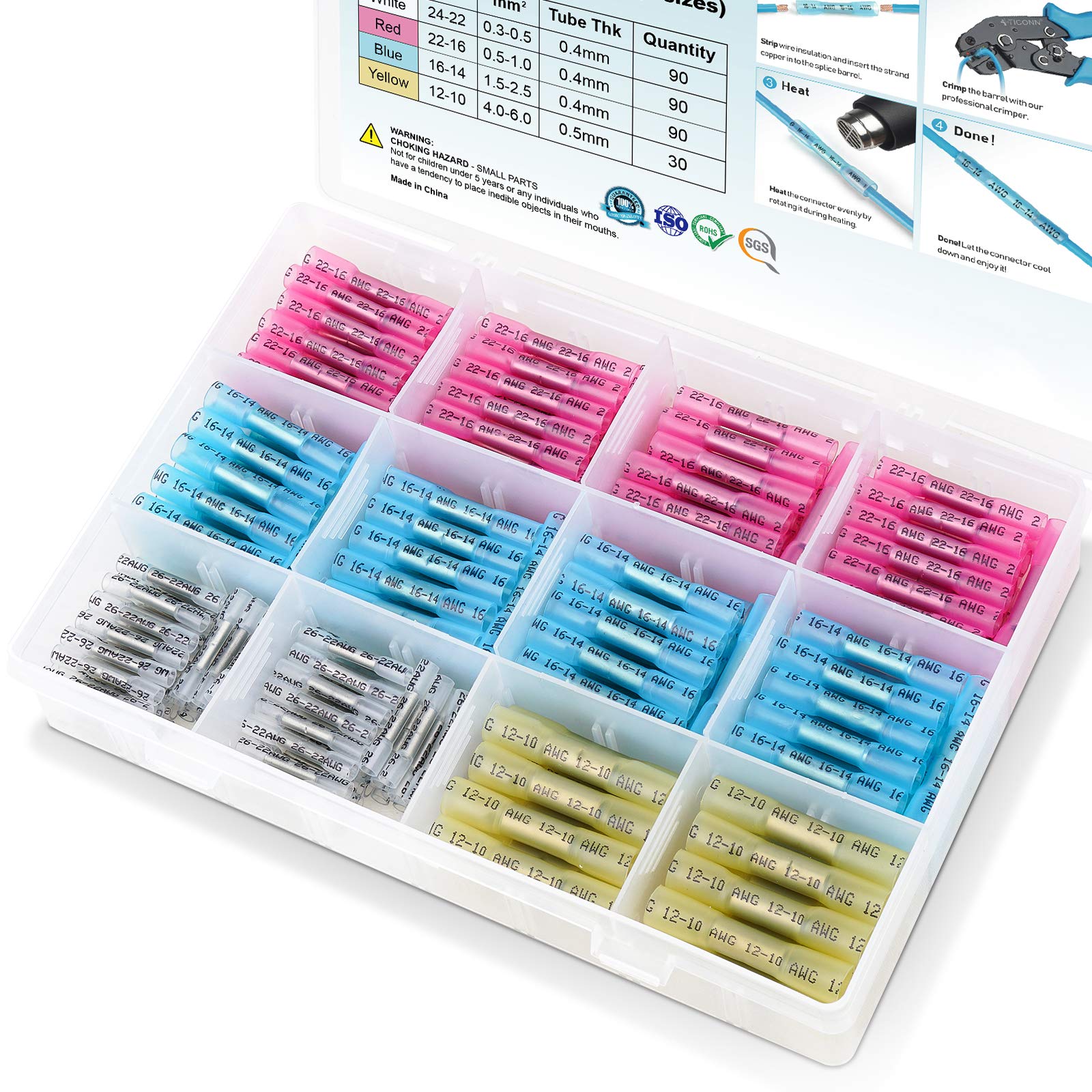 TICONN 1250Pcs Heat Shrink Wire Connectors, Waterproof Automotive Marine Electrical Terminals Kit Crimp Connector Assortment Ring Fork Spade Butt Splices