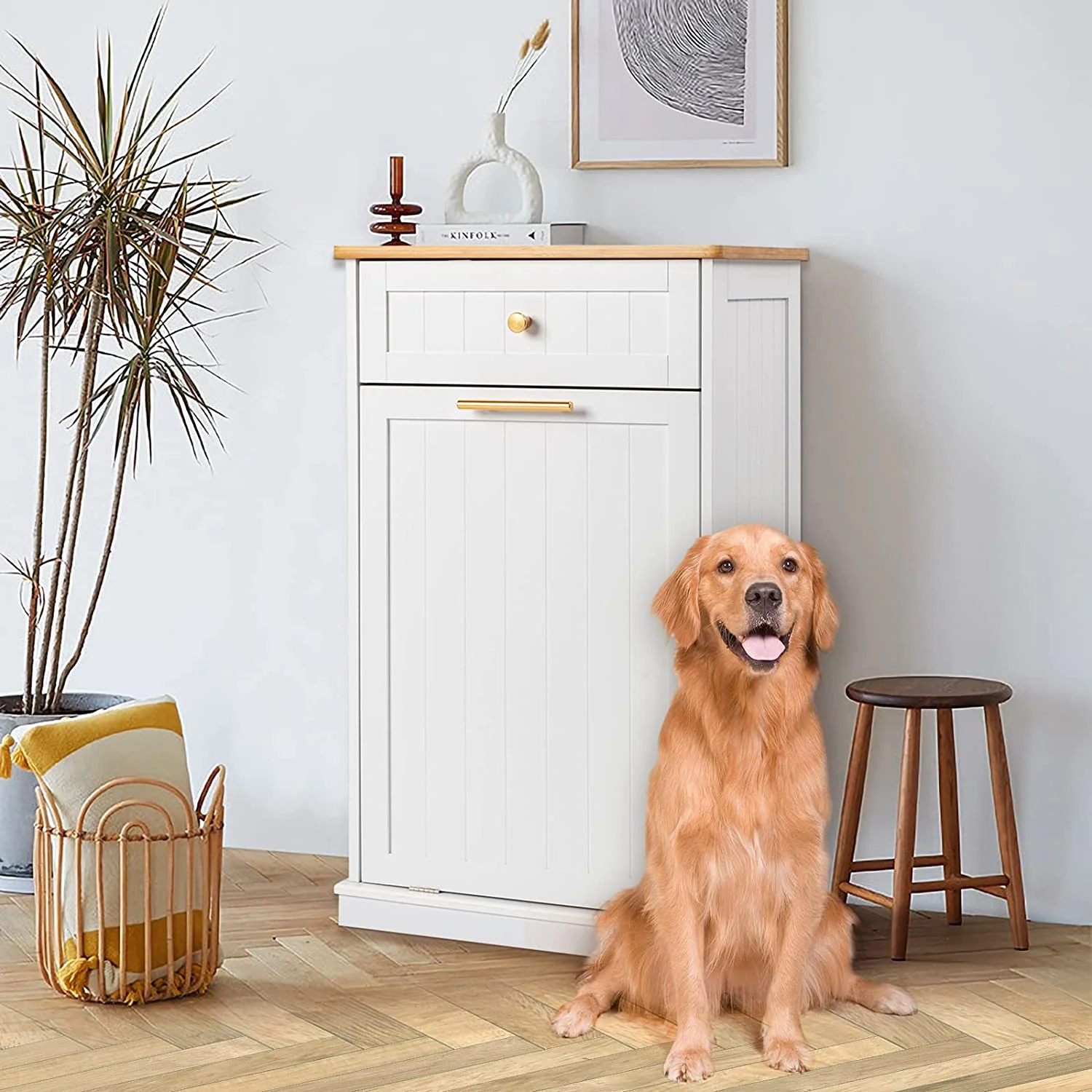 Mercer41 Kitchen Trash Can Storage Cabinet With 2 Drawers & 1 Tilt Out Trash Cabinet 1 Door With Storage Rack 2 Shelves For Kitchen Dinning Room Living Room White W112663128
