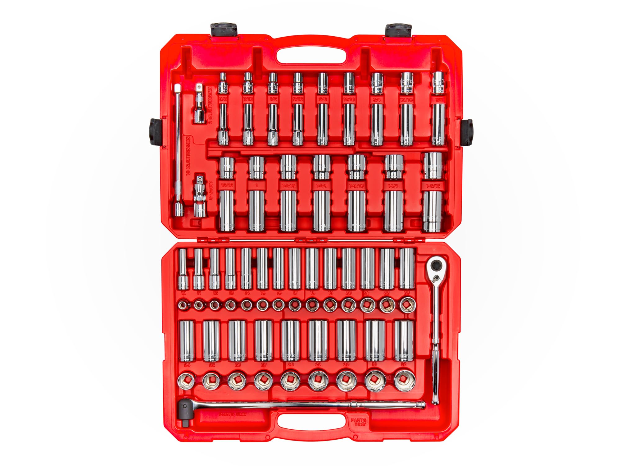 TEKTON 3/8 In. Drive 6-Point Socket And Ratchet Set With Rails 1 In 36 Piece Skt13101
