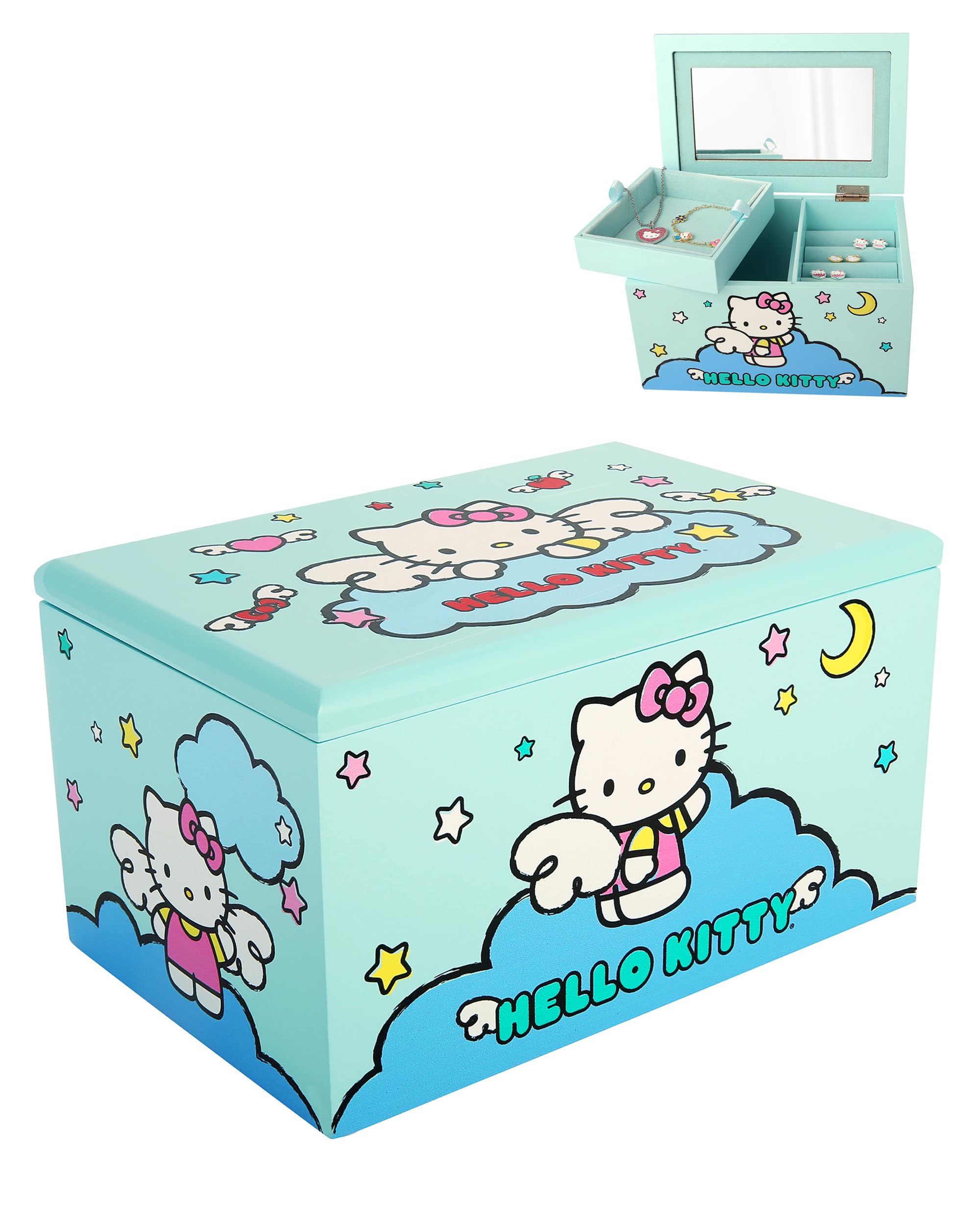 Hello Kitty 'Star Light Star Bright' Mirror Glass Jewelry Box - 4x4 Inch Organizer With Drawers