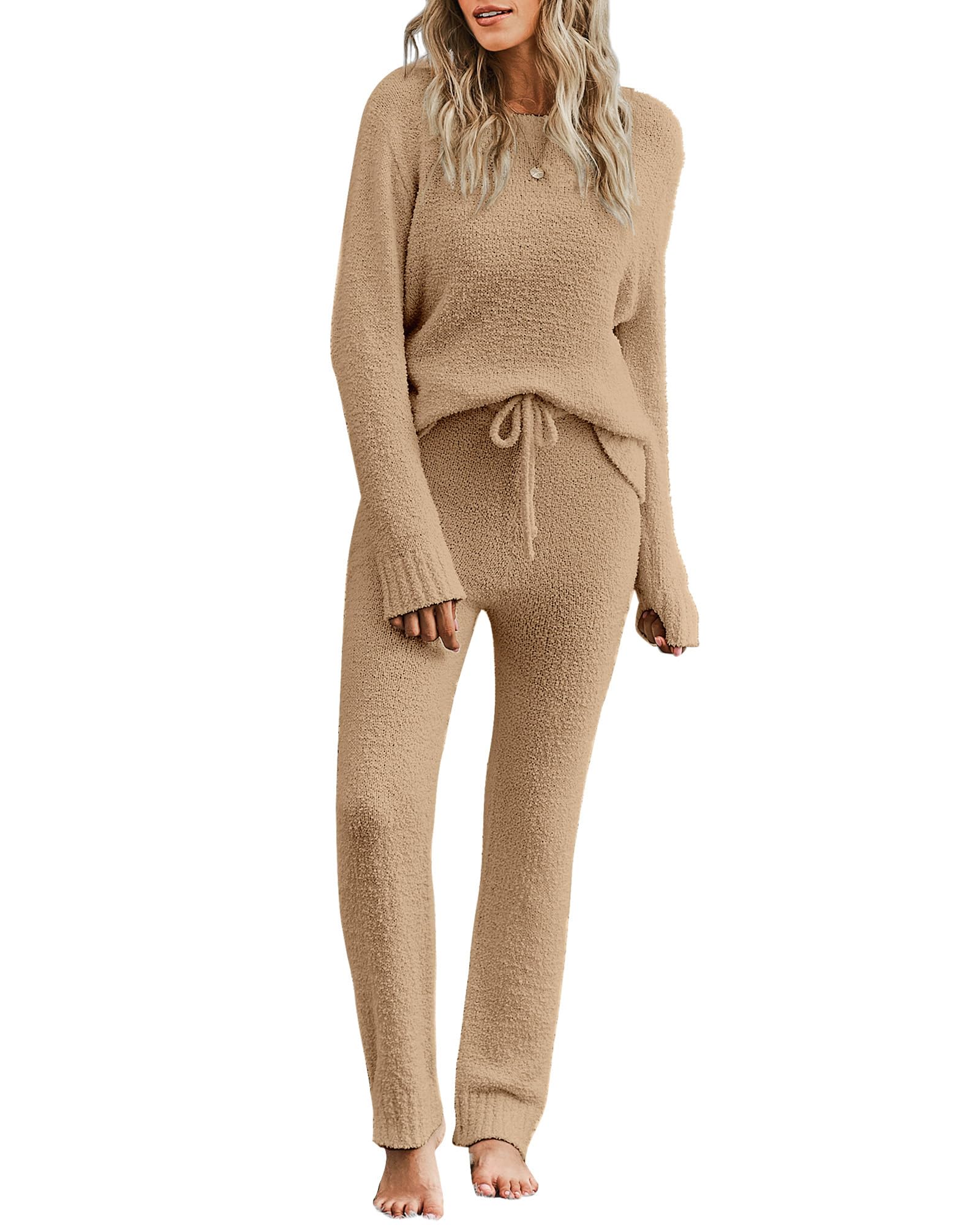 Luvamia Women's Fuzzy Fleece Pajama Set - Long Sleeve Knitted Lounge Set For Winter