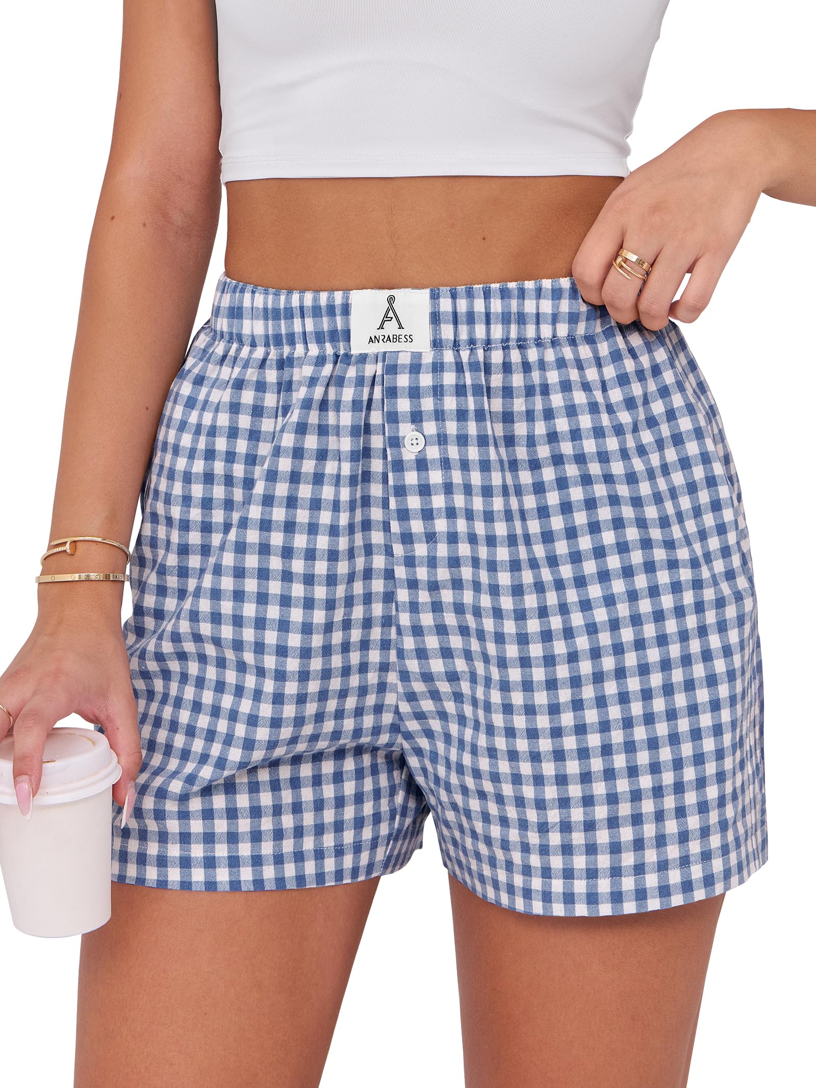 Y2K Plaid Boxer Shorts For Women - Cute Baggy Checked Lounge Sleep Pajama Shorts, High Rise, 100% Polyester