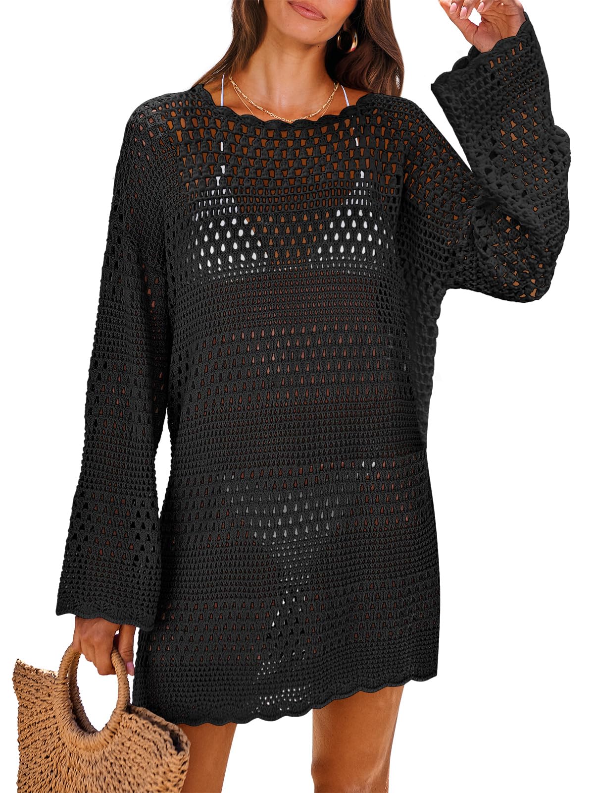 long sleeve crochet beach cover up
