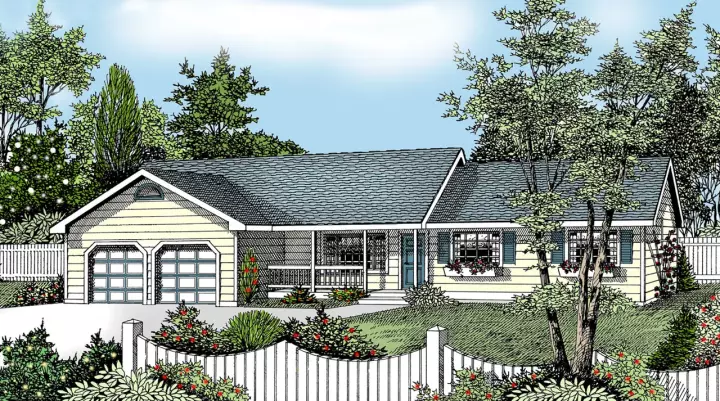 Ranch house plans 1-293 - front exterior, 1,487 sq ft, 3 bed, 2 bath house plans | Monster House Plans
