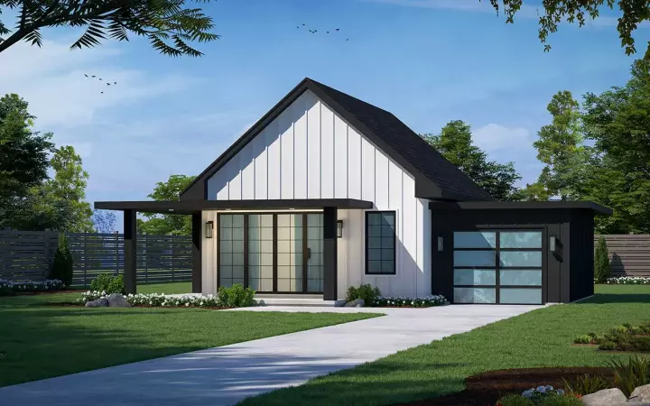 Modern house plans 10-2011 - front exterior, 682 sq ft, 2 bed, 1 bath house plans | Monster House Plans