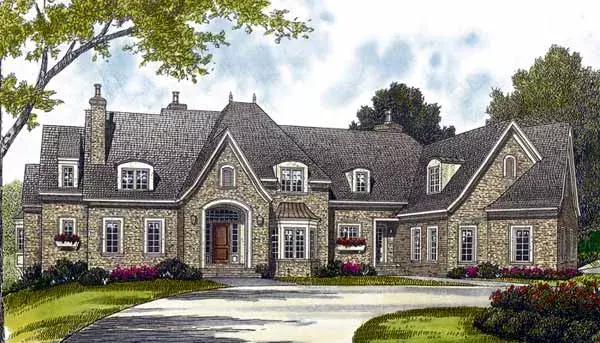 European house plans 106-590 - front exterior, 7,238 sq ft, 6 bed, 6 bath house plans | Monster House Plans
