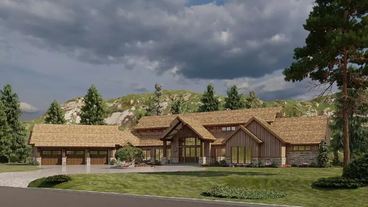 Mountain Rustic house plans 12-1585 - front exterior, 6,837 sq ft, 4 bed, 5 bath house plans | Monster House Plans