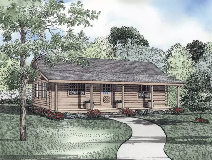 Log Cabin house plans 12-789 - front exterior, 1,092 sq ft, 2 bed, 1 bath house plans | Monster House Plans