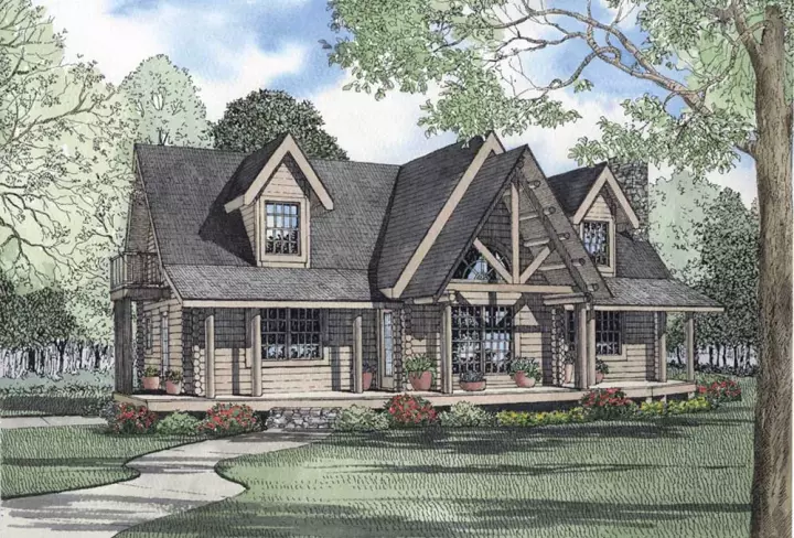 Log Cabin house plans 12-812 - front exterior, 1,743 sq ft, 2 bed, 2 bath house plans | Monster House Plans
