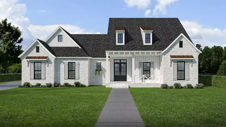 Modern Farmhouse house plans 122-115 - front exterior, 2,436 sq ft, 4 bed, 2 bath house plans | Monster House Plans