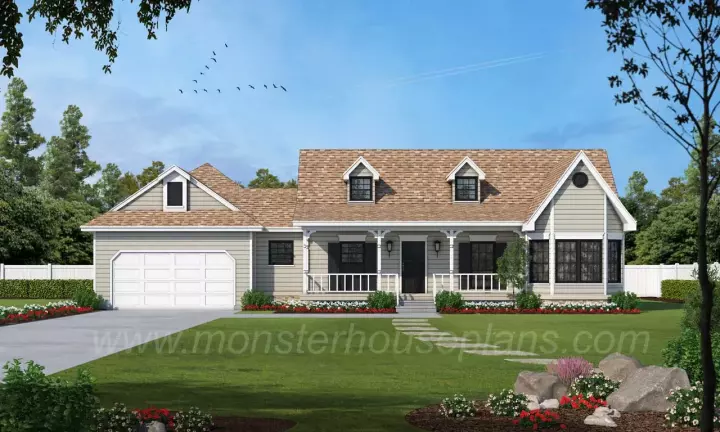 Farmhouse house plans 14-134 - front exterior, 1,648 sq ft, 3 bed, 2 bath house plans | Monster House Plans